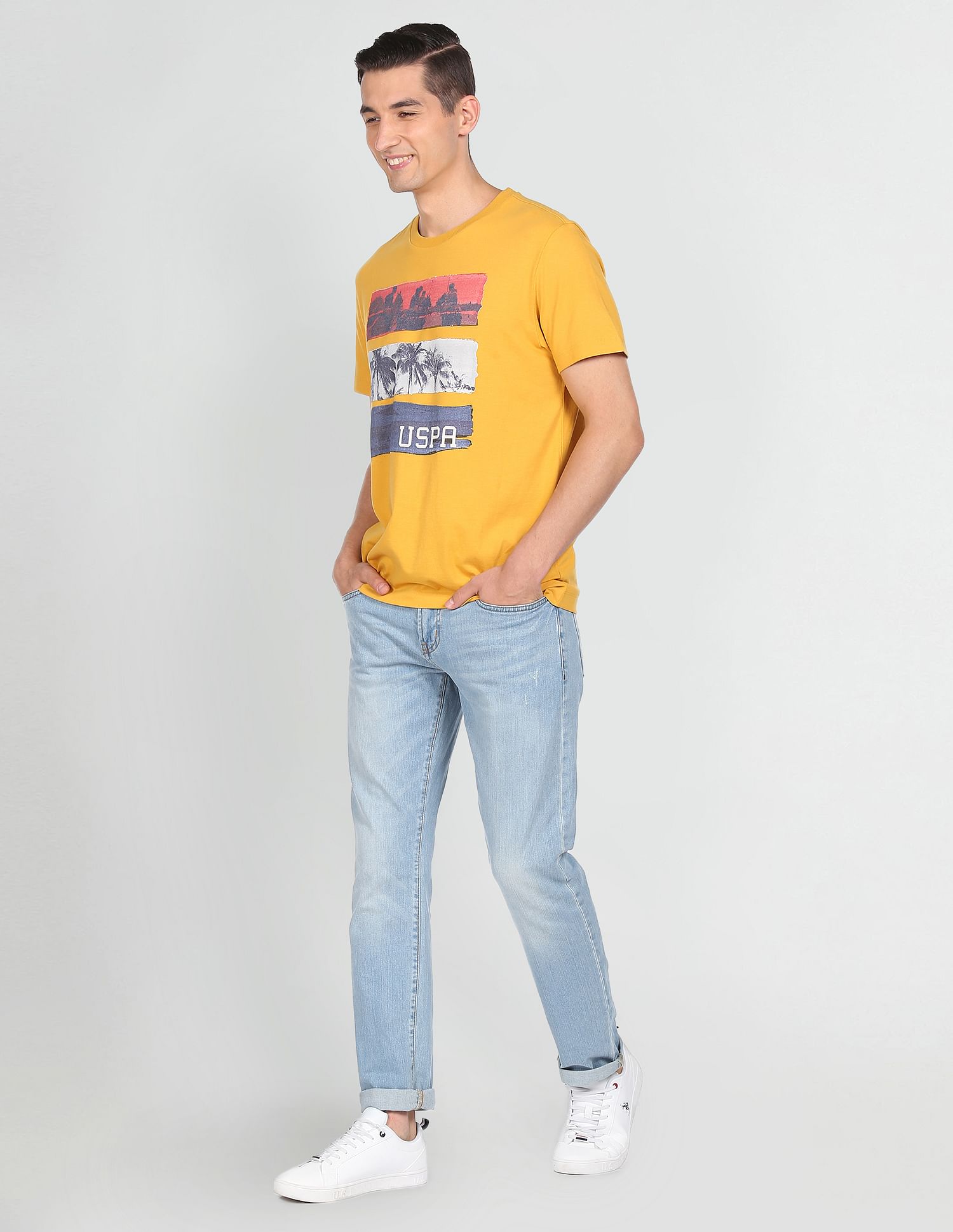 Men Yellow Crew Neck Graphic Print T-Shirt Yellow - U.S. Polo Assn. India | Large