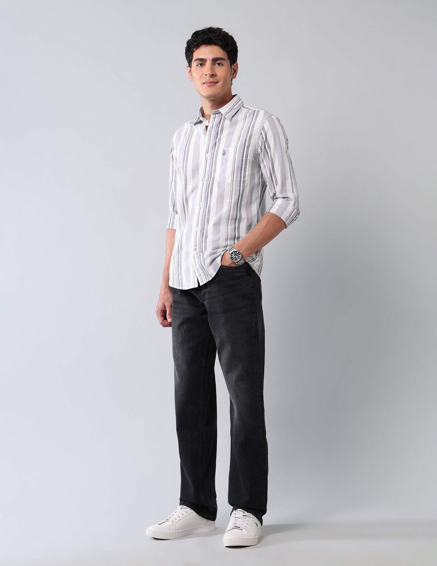 Vertical Striped Pure Cotton Shirt Grey - U.S. Polo Assn. India | Large