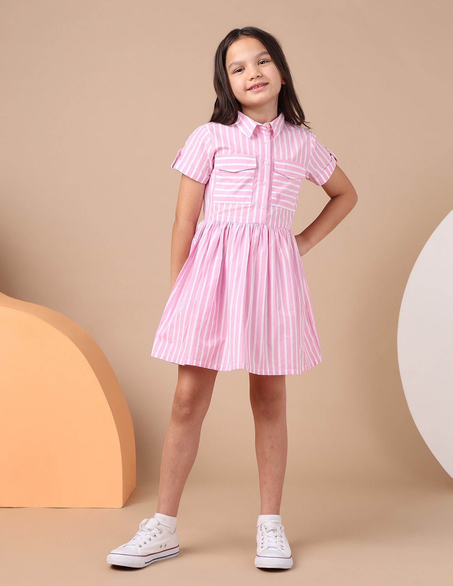 Girls Vertical Striped Shirt Dress Light Pink - U.S. POLO ASSN. | Large