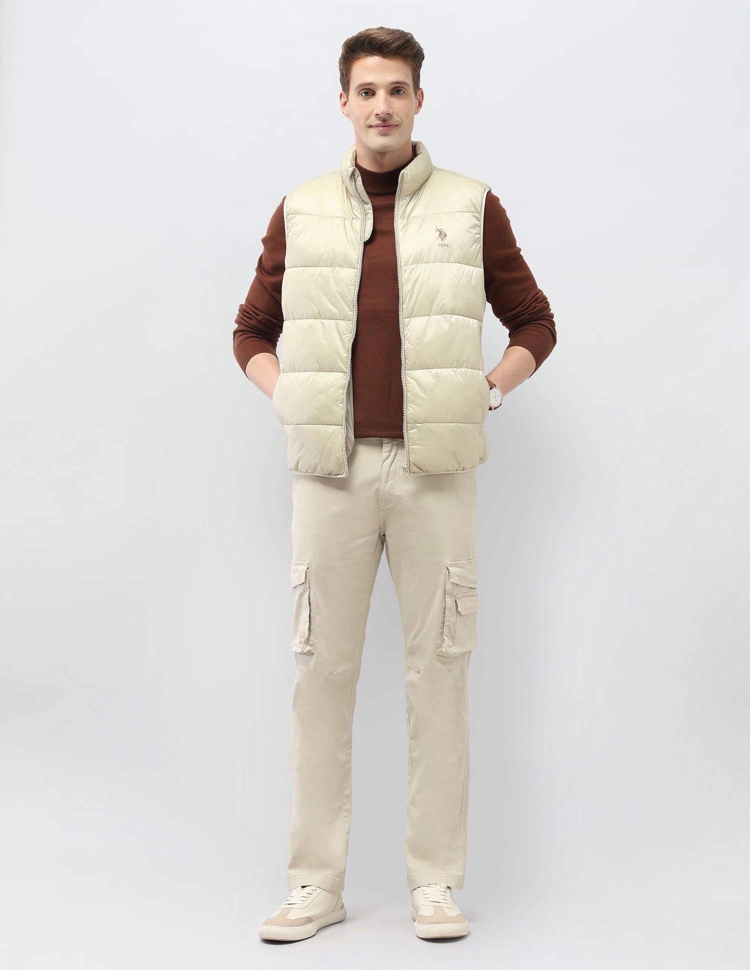 Solid Regular Fit Puffer Sleeveless Jacket Ecru - U.S. Polo Assn. India | Large