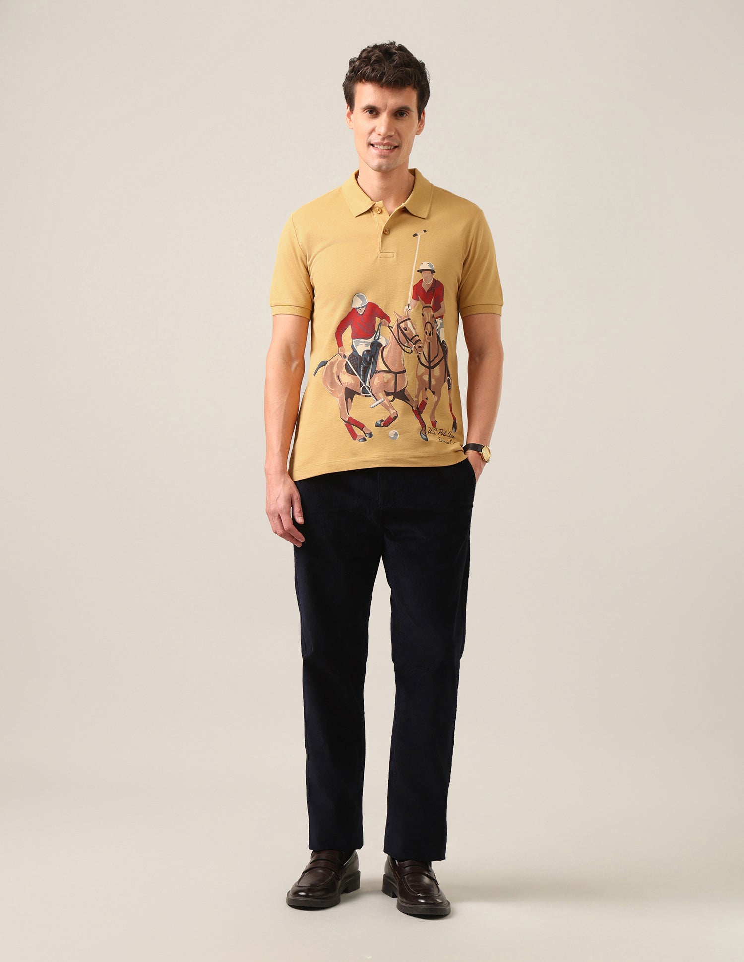 Graphic Brand Printed Slim Fit Polo Shirt Mustard - U.S. Polo Assn. India | Large