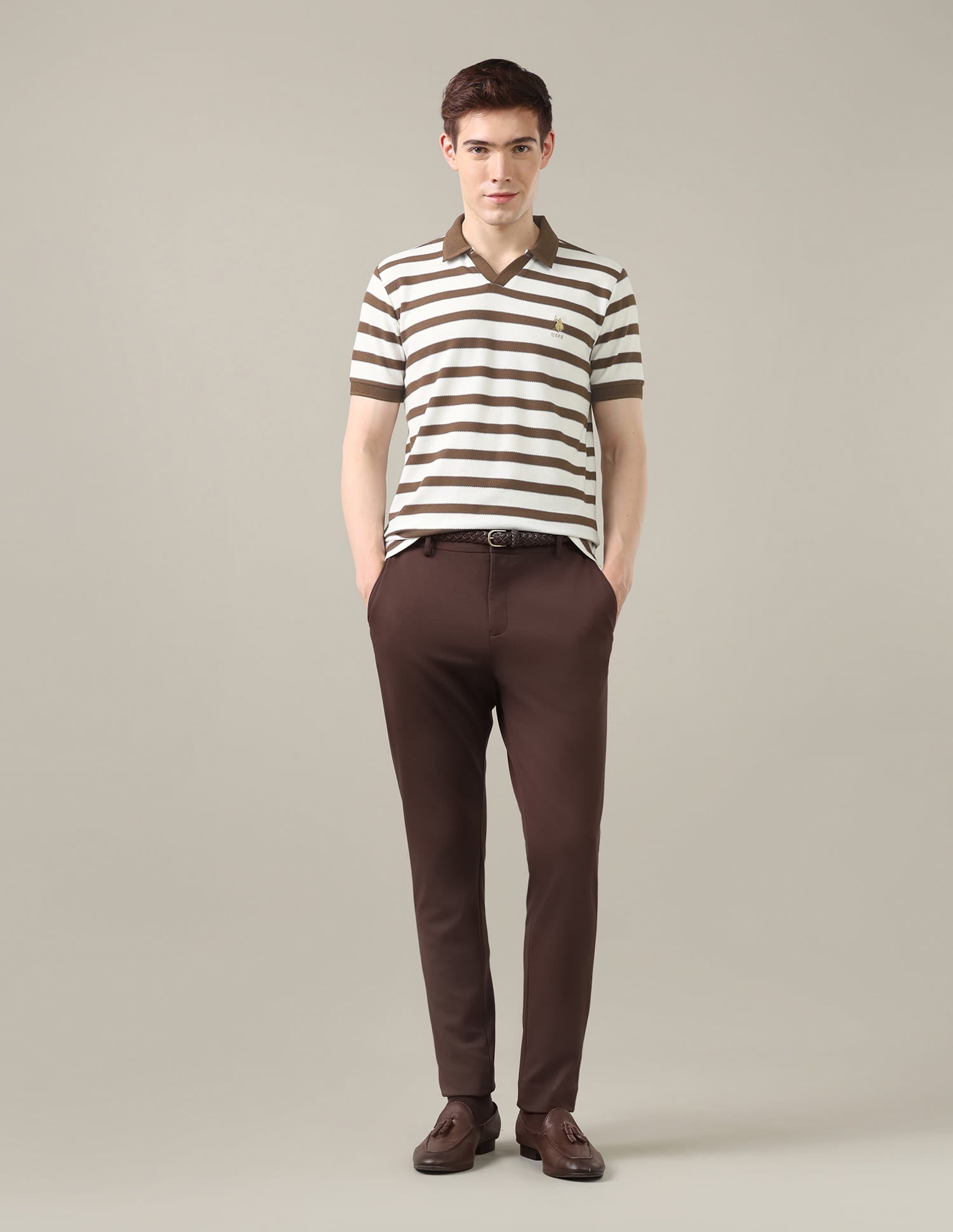 Horizontal Striped Slim Fit Polo Shirt Brown - U.S. Polo Assn. India | Large