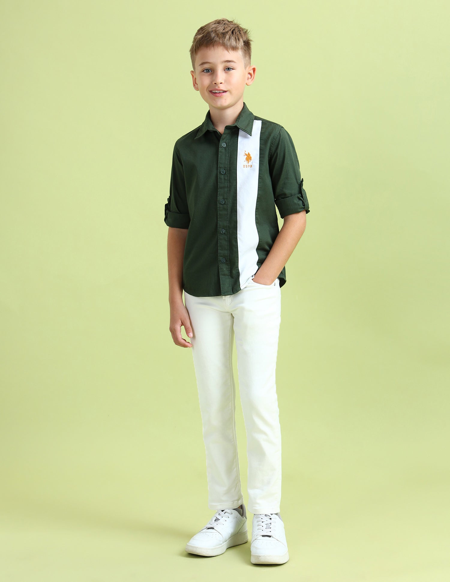 Boys Colour Blocked Regular Fit Shirt Dark Green - U.S. Polo Assn. India | Large