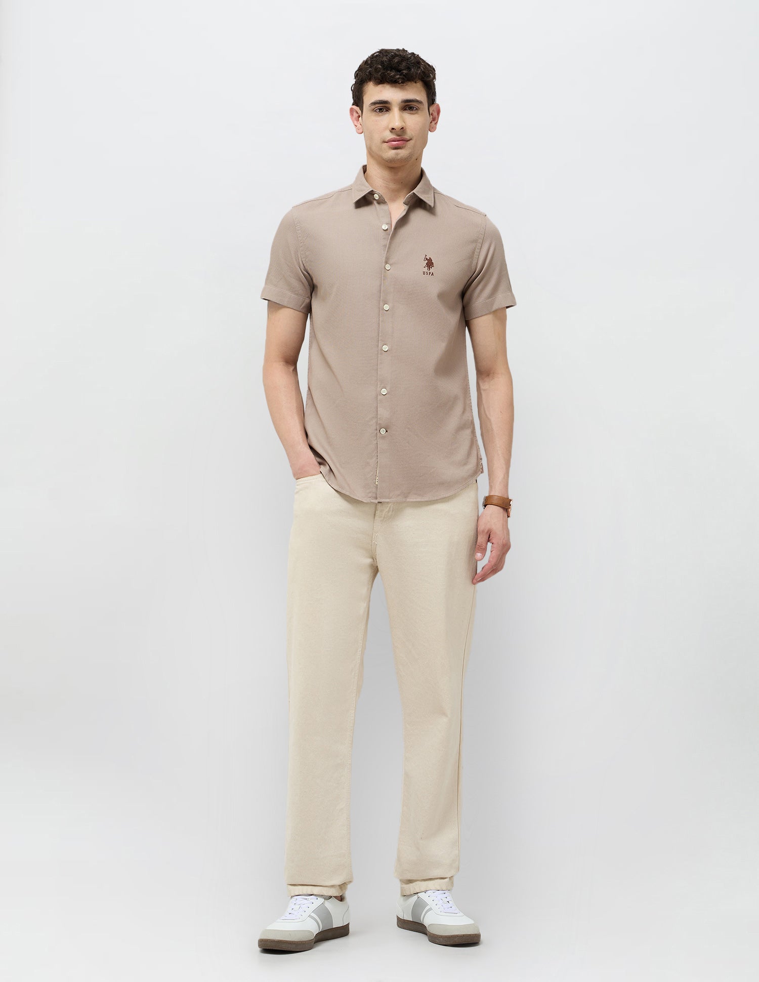 Dobby Textured Regular Fit Shirt Light Brown - U.S. Polo Assn. India | Large