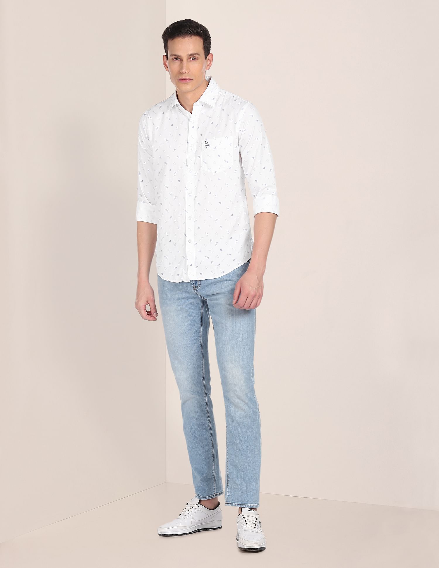 Men White Premium Cotton Printed Casual Shirt White - U.S. Polo Assn. India | Large