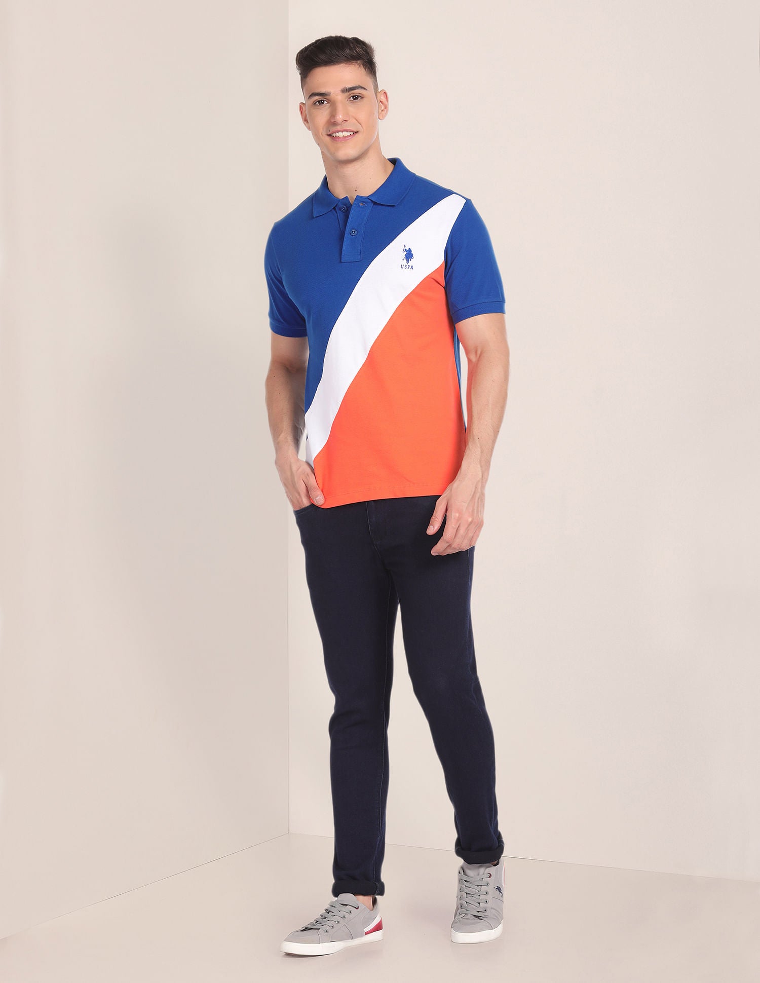 Colour Blocked Cotton Polo Shirt Blue - U.S. Polo Assn. India | Large