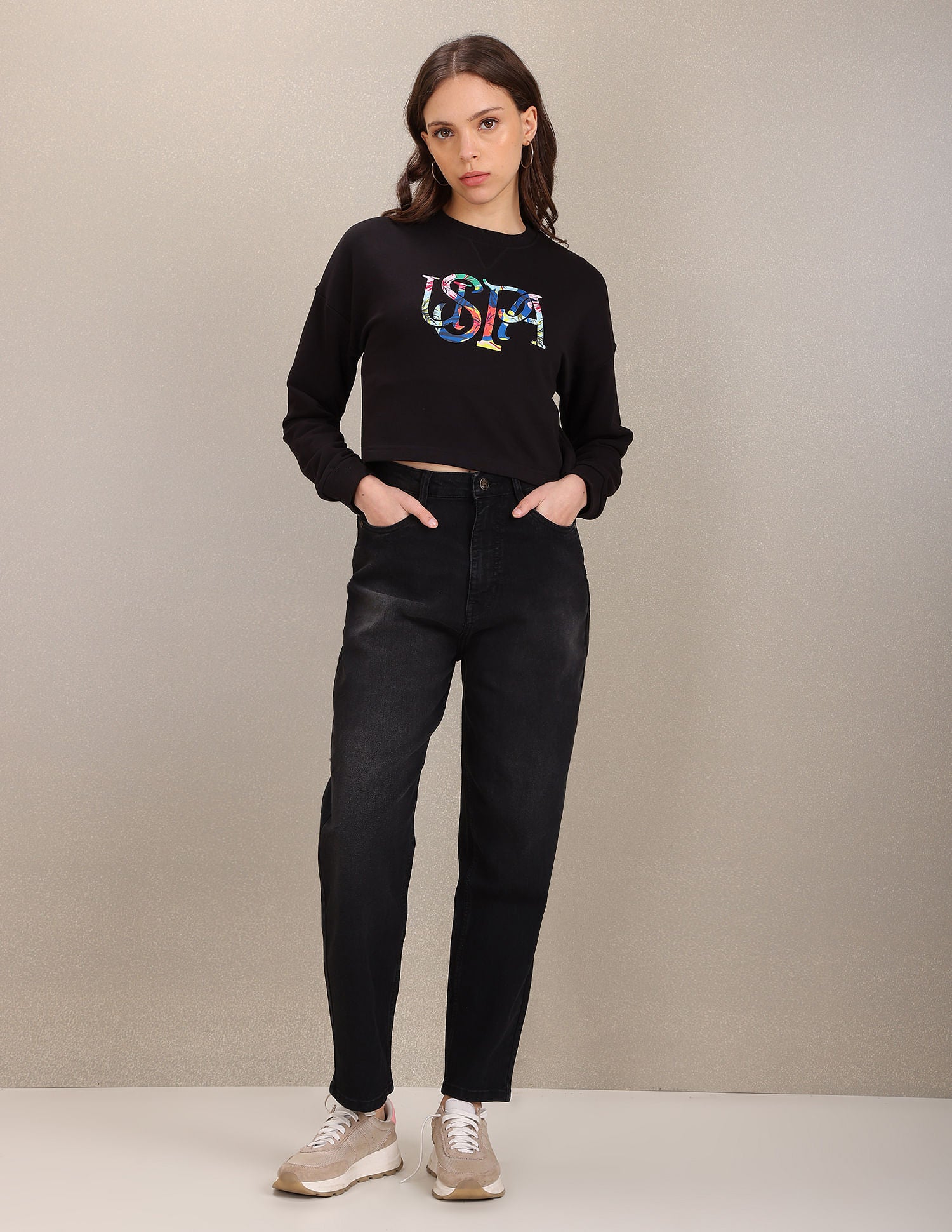 Crew Neck Typographic Print Crop Sweatshirt Black - U.S. Polo Assn. India | Large