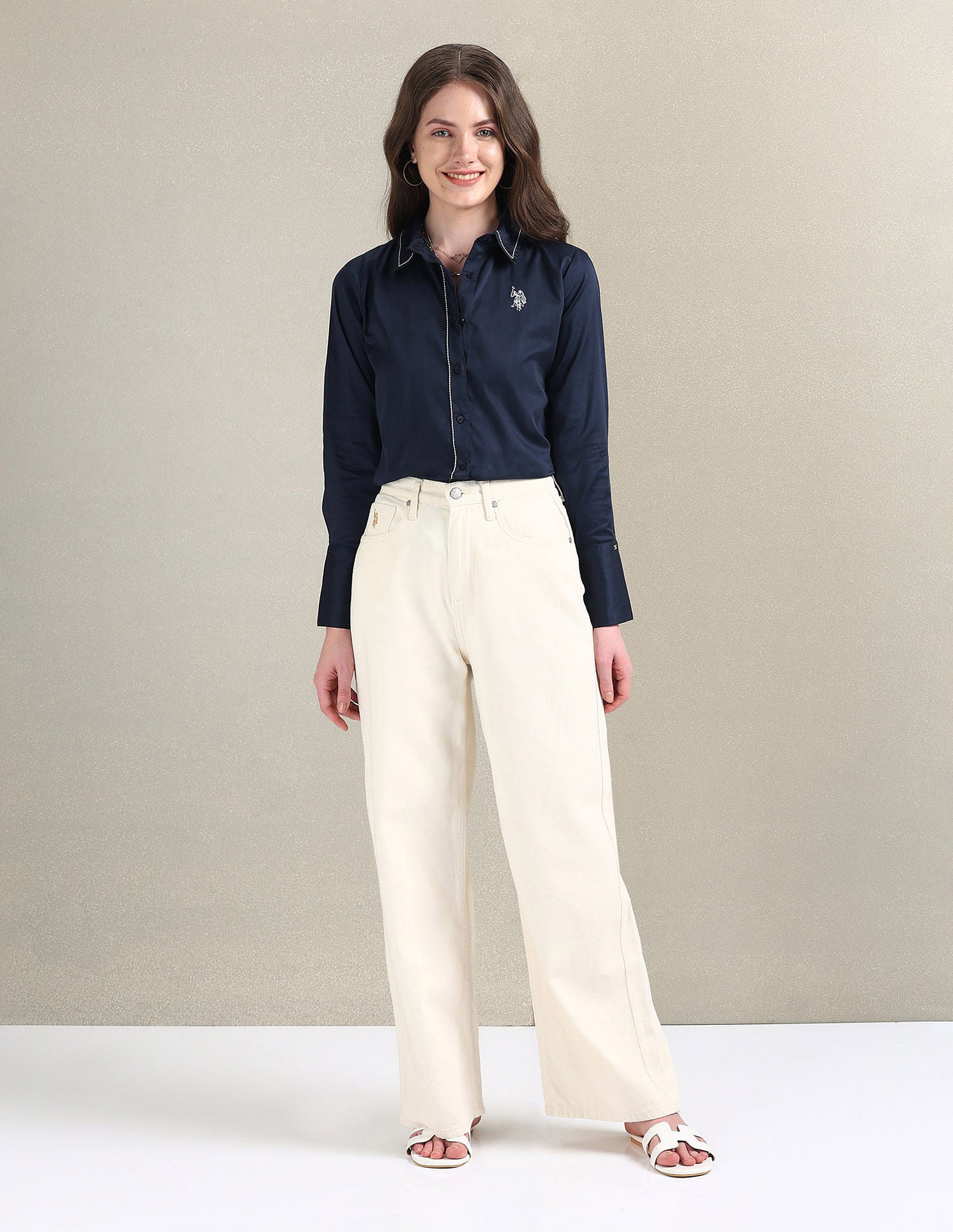 Contrast Saddle Stitch Cotton Shirt Navy - U.S. POLO ASSN. | Large