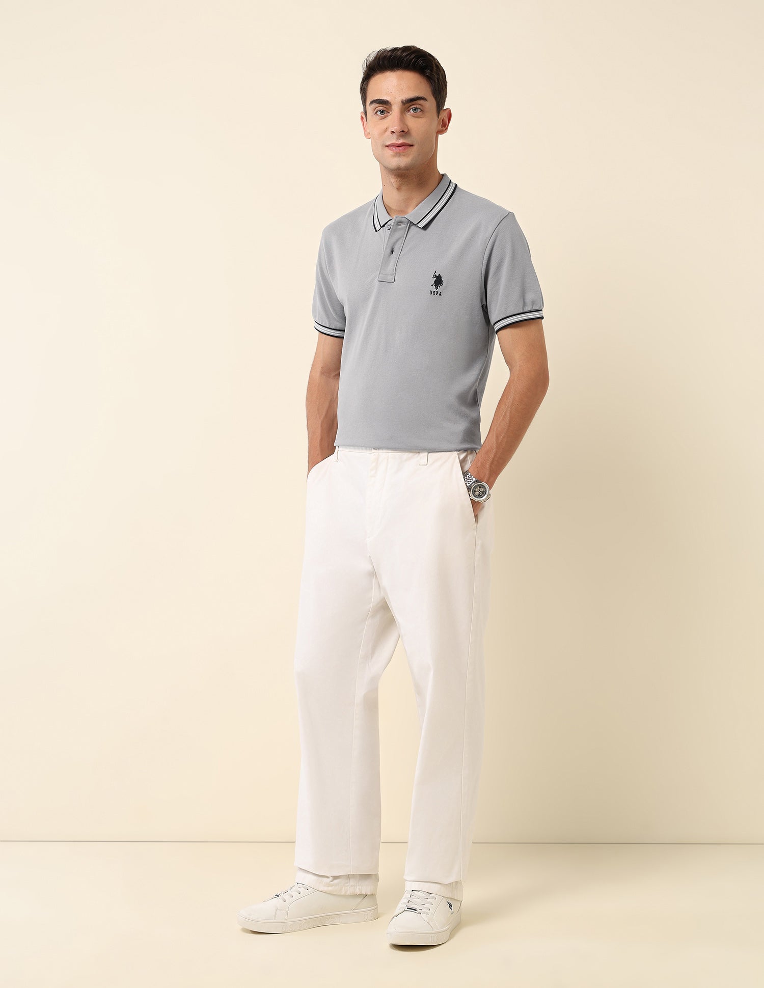 Slim Fit Solid Polo Shirt Light Grey - U.S. Polo Assn. India | Large