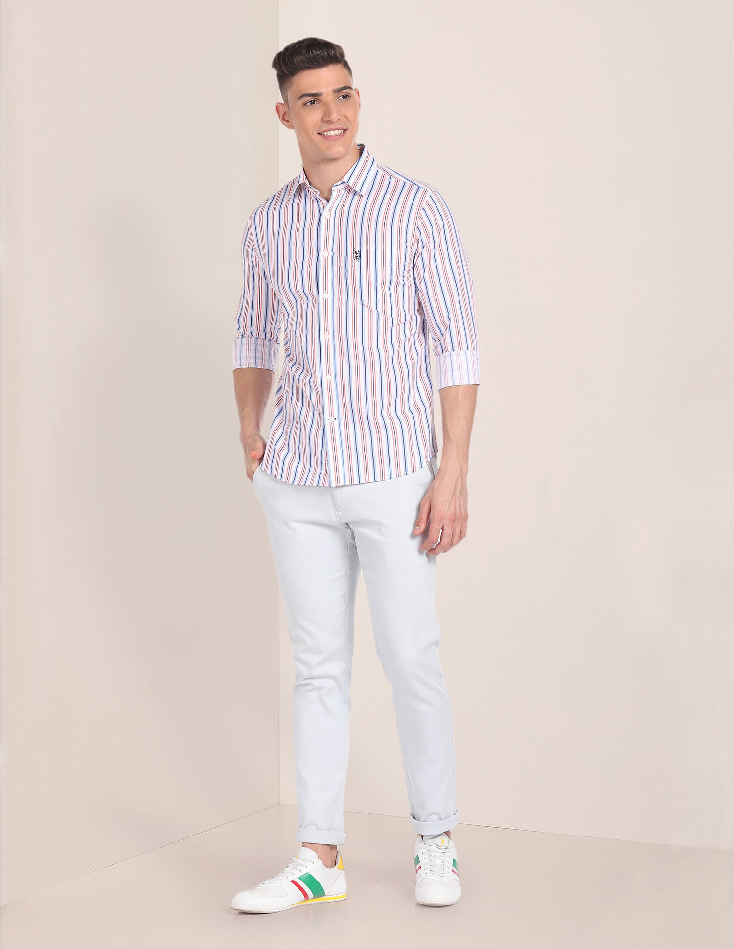 Vertical Stripe Cotton Shirt White, Blue and Red - U.S. Polo Assn. India | Large