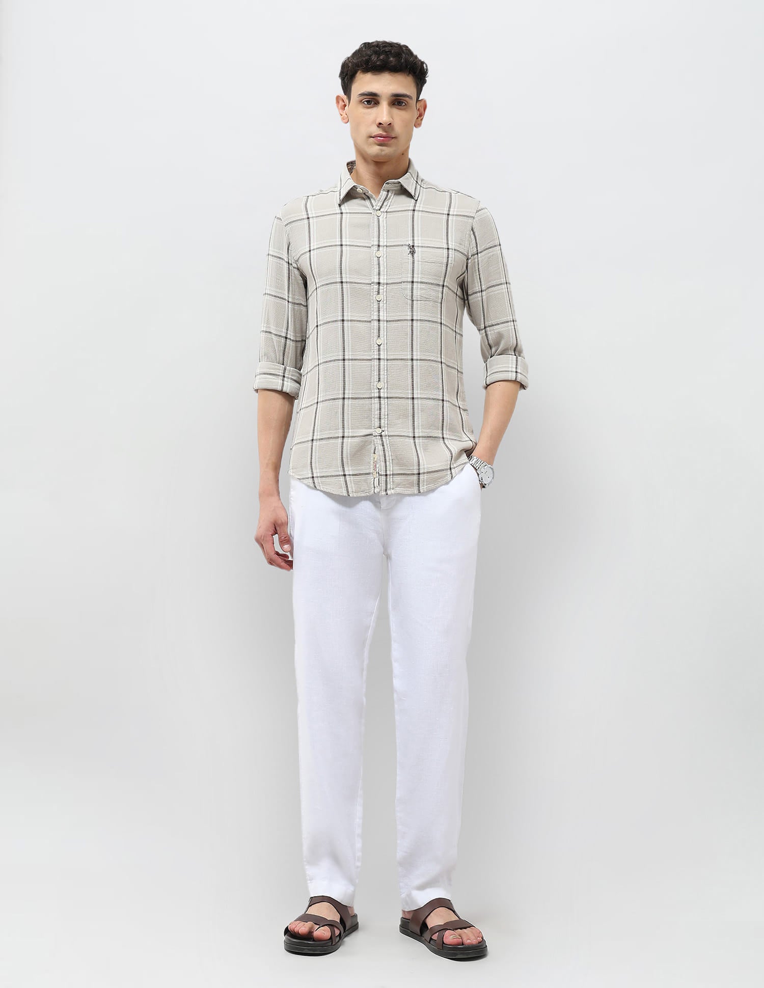 Dobby Grid Tattersall Checked Shirt Off White - U.S. Polo Assn. India | Large