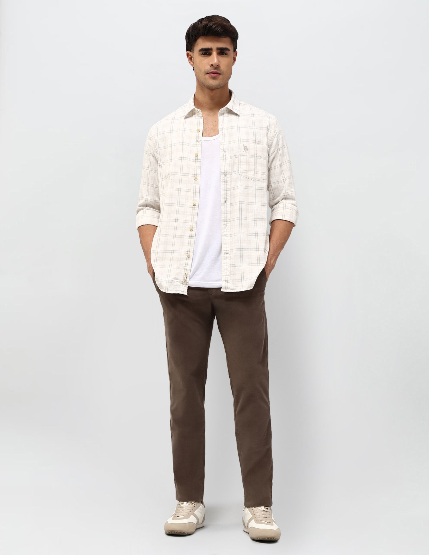 Grid Tattersall Checked Herringbone Shirt Ecru - U.S. POLO ASSN. | Large