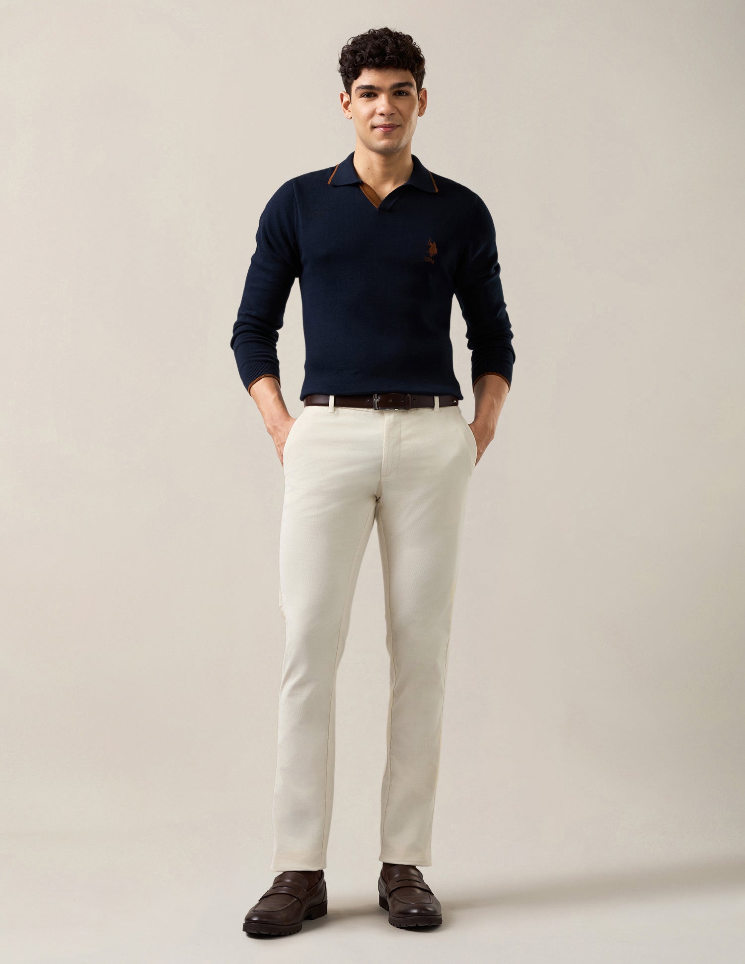 Denver Slim Fit Corduroy Trousers Ecru - U.S. Polo Assn. India | Large