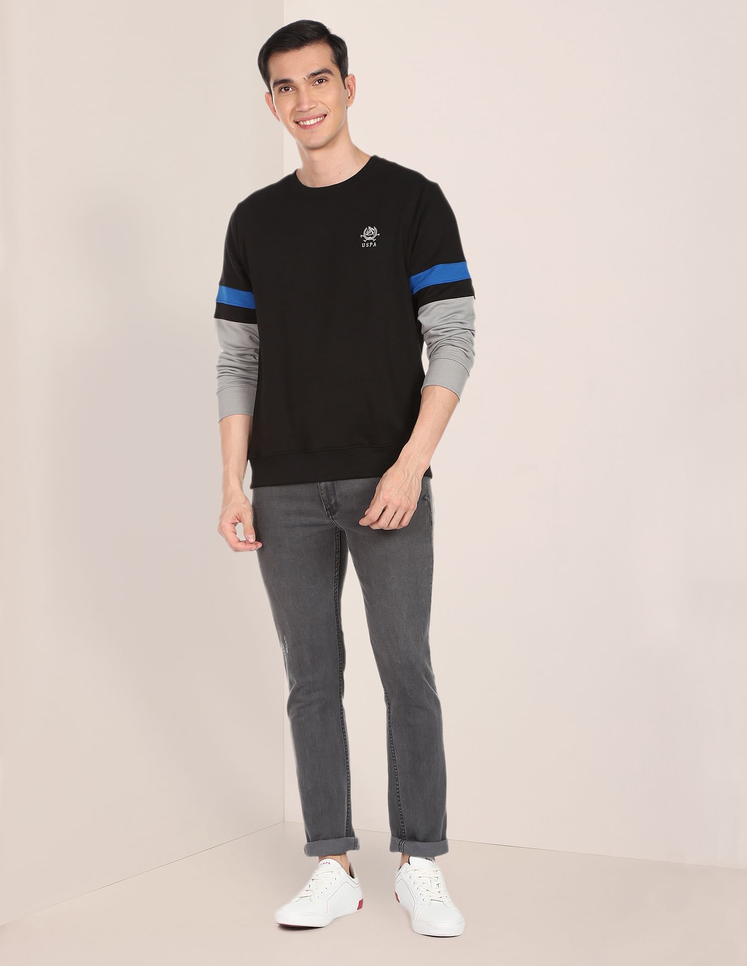 Men Black Crew Neck Colour Block Sweatshirt Black - U.S. POLO ASSN. | Large