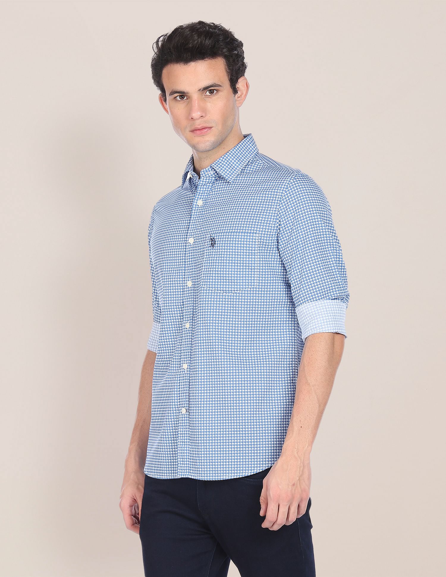 Men Blue Spread Collar Printed Casual Shirt Blue - U.S. POLO ASSN. | Large