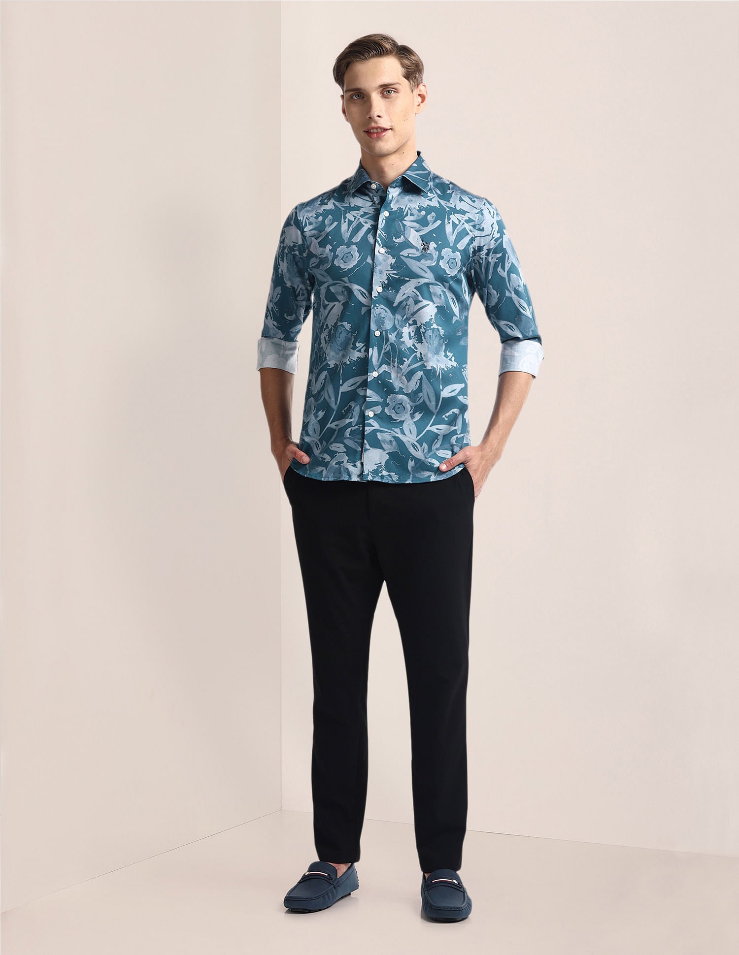 Floral Print Tailored Fit Shirt Blue - U.S. Polo Assn. India | Large