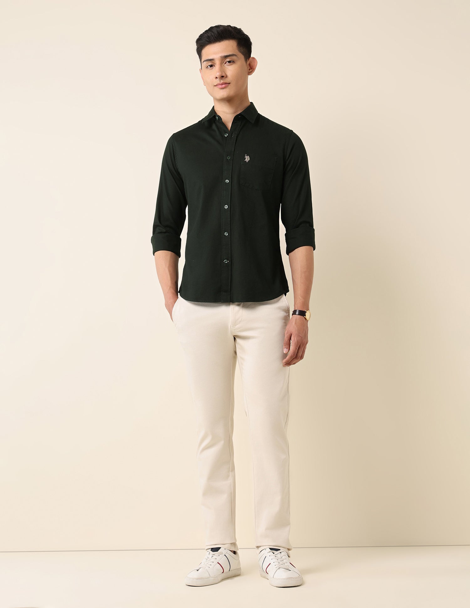 Tailored Fit Pure Cotton Shirt Dark Olive - U.S. Polo Assn. India | Large