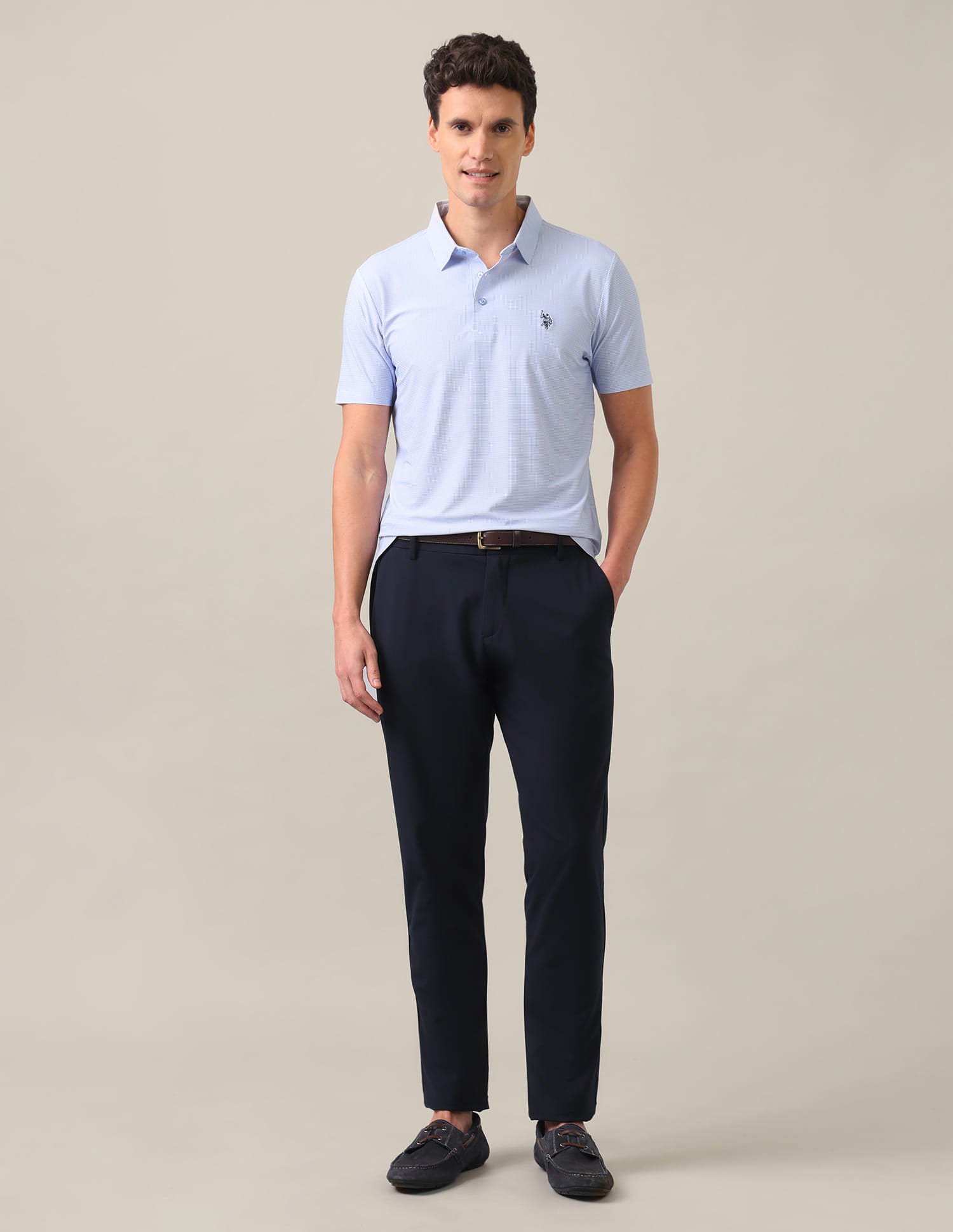 Houndstooth Checked Slim Fit Polo Shirt Light Blue - U.S. Polo Assn. India | Large