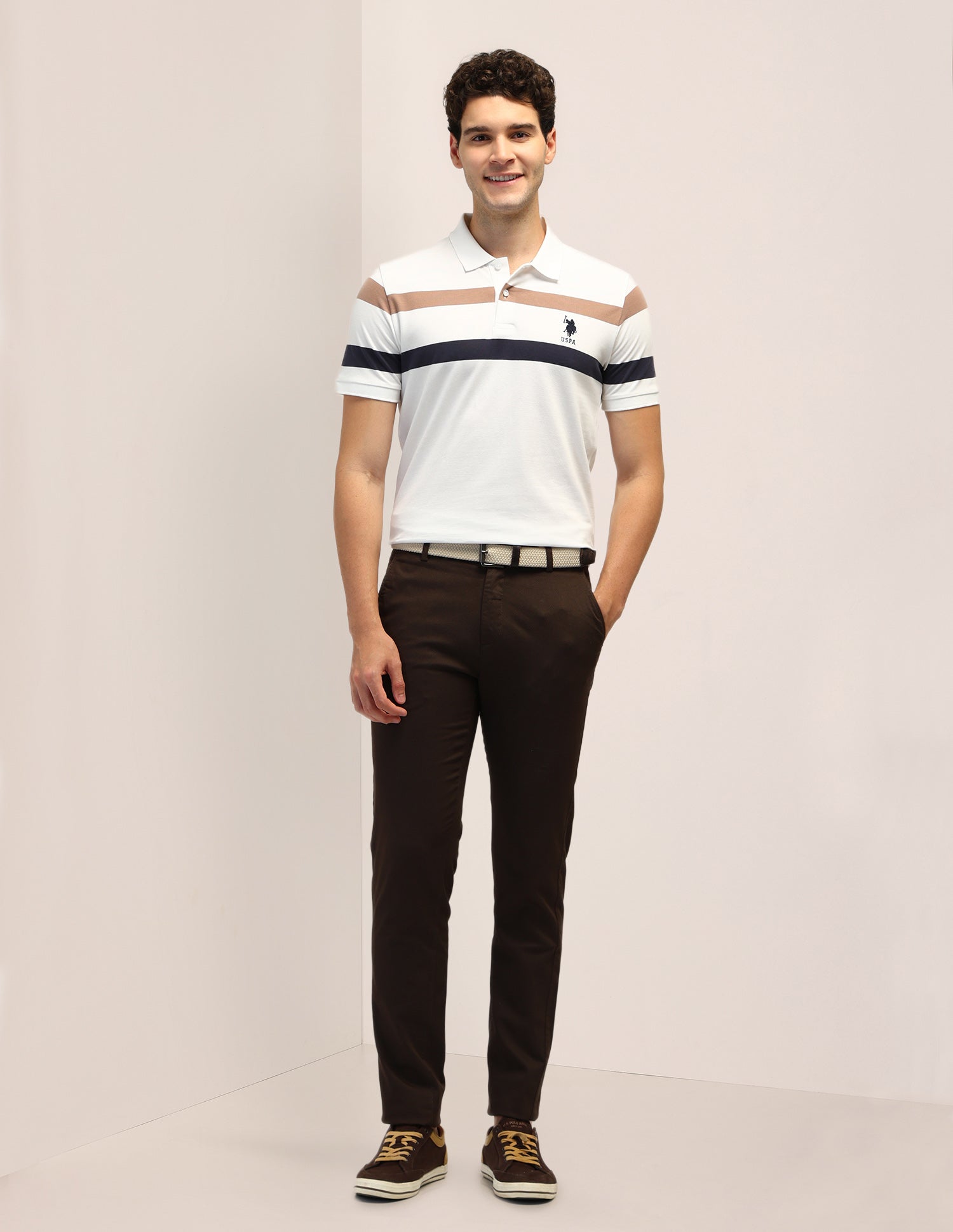 Horizontal Striped Slim Fit Polo Shirt White - U.S. Polo Assn. India | Large