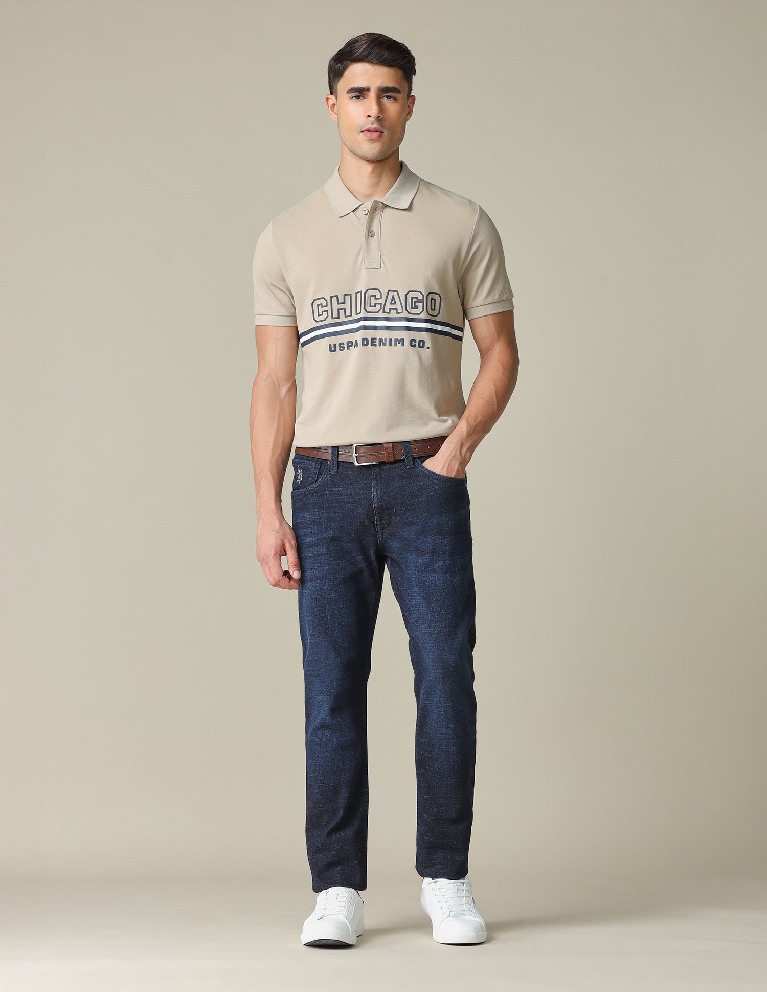 Muscle Fit Typographic Printed Polo Shirt Beige - U.S. POLO ASSN. | Large