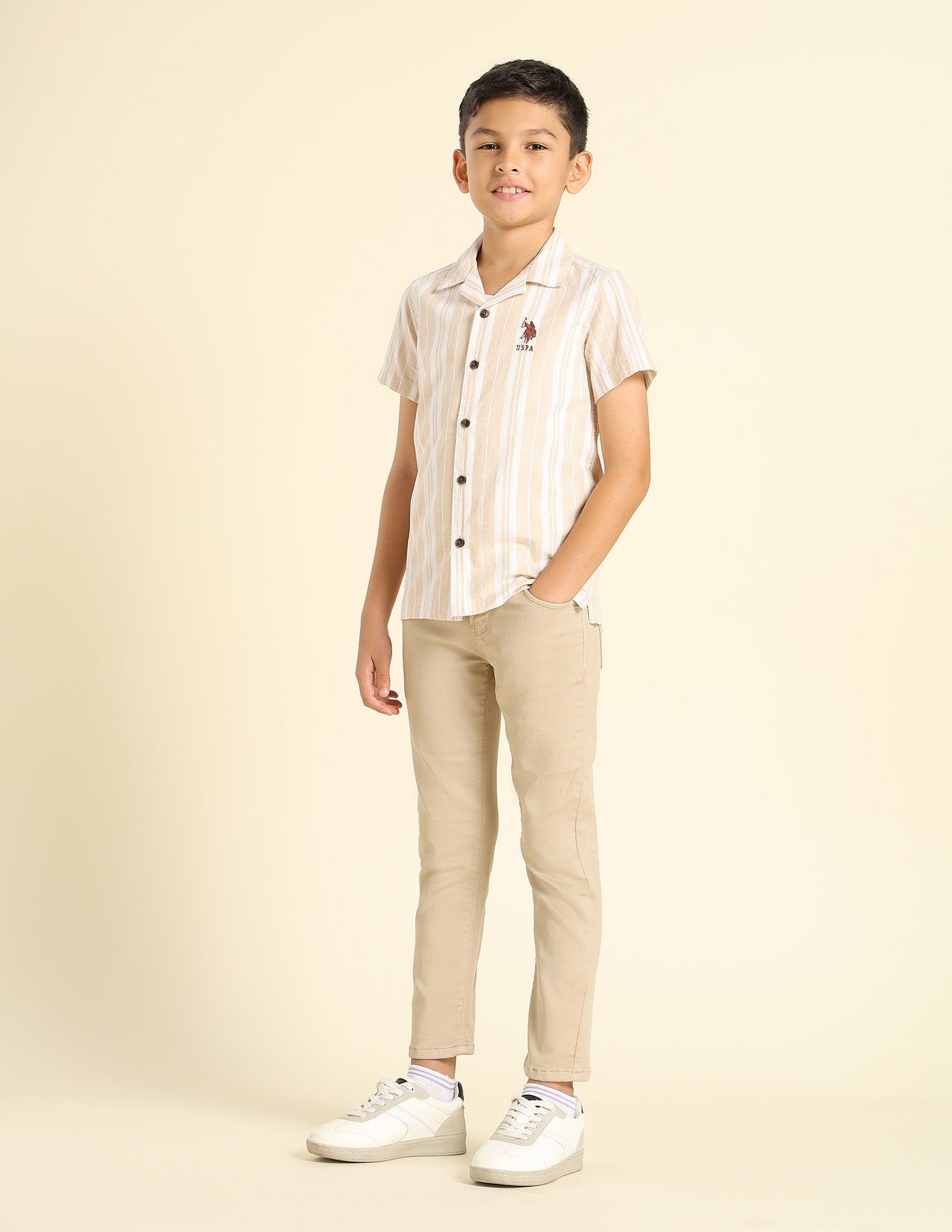 Boys Vertical Striped Cuban Shirt Beige - U.S. POLO ASSN. | Large