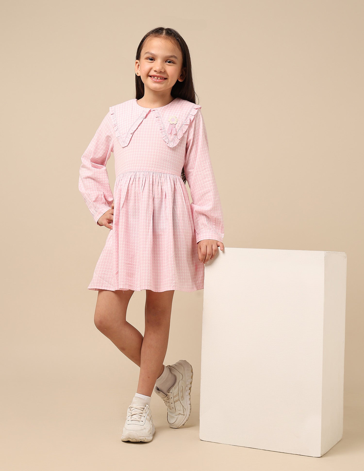 Girls Self Design Checked Shirt Dress Pink - U.S. POLO ASSN. | Large