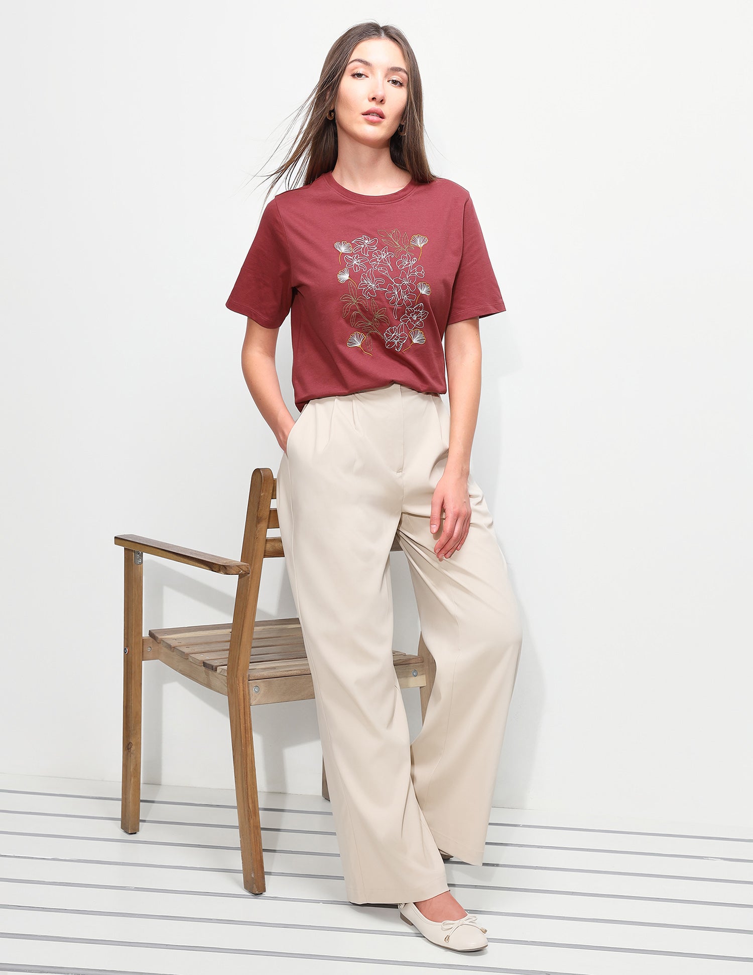 Floral Embroidered Boxy Fit T-Shirt Maroon - U.S. Polo Assn. India | Large