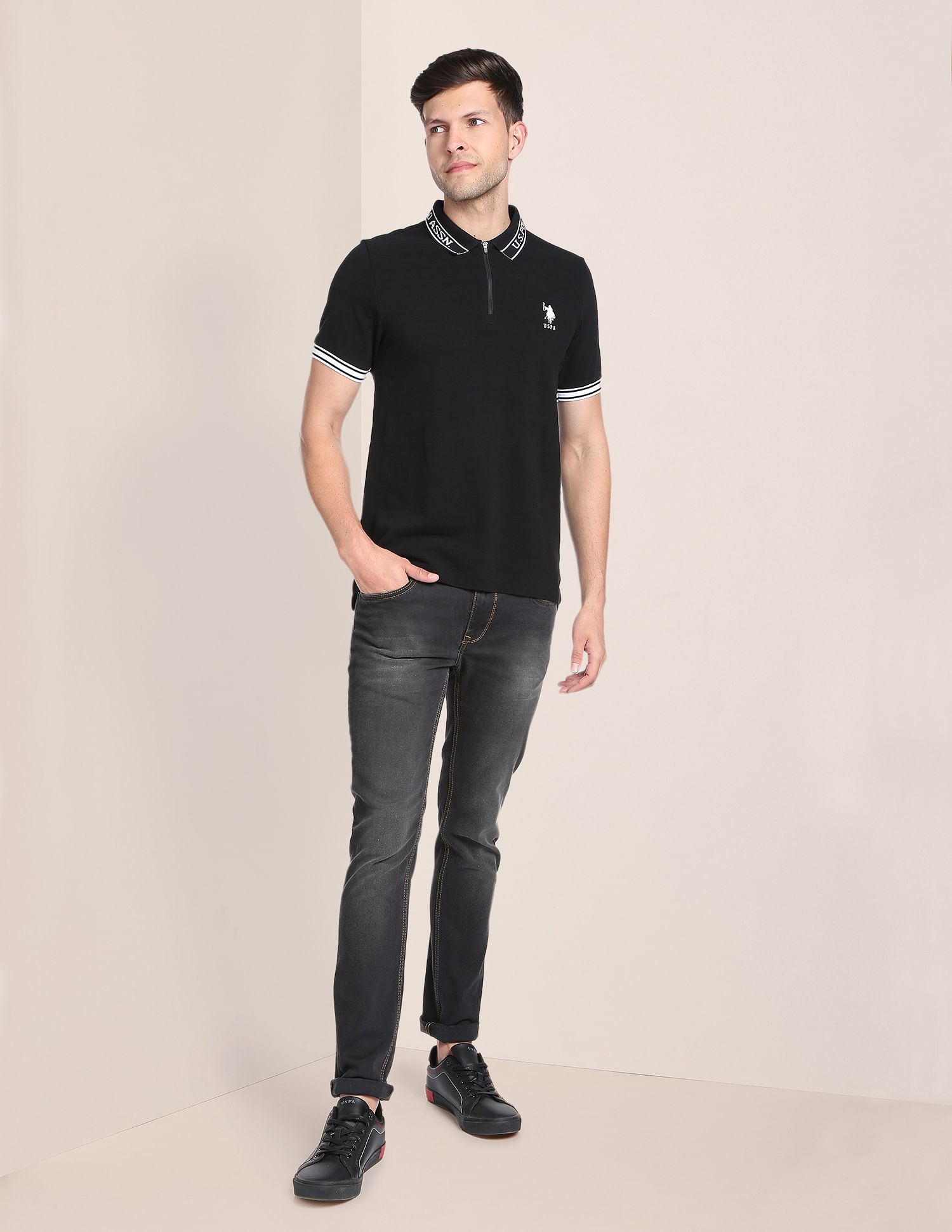Branded Collar Jacquard Polo Shirt Black - U.S. Polo Assn. India | Large