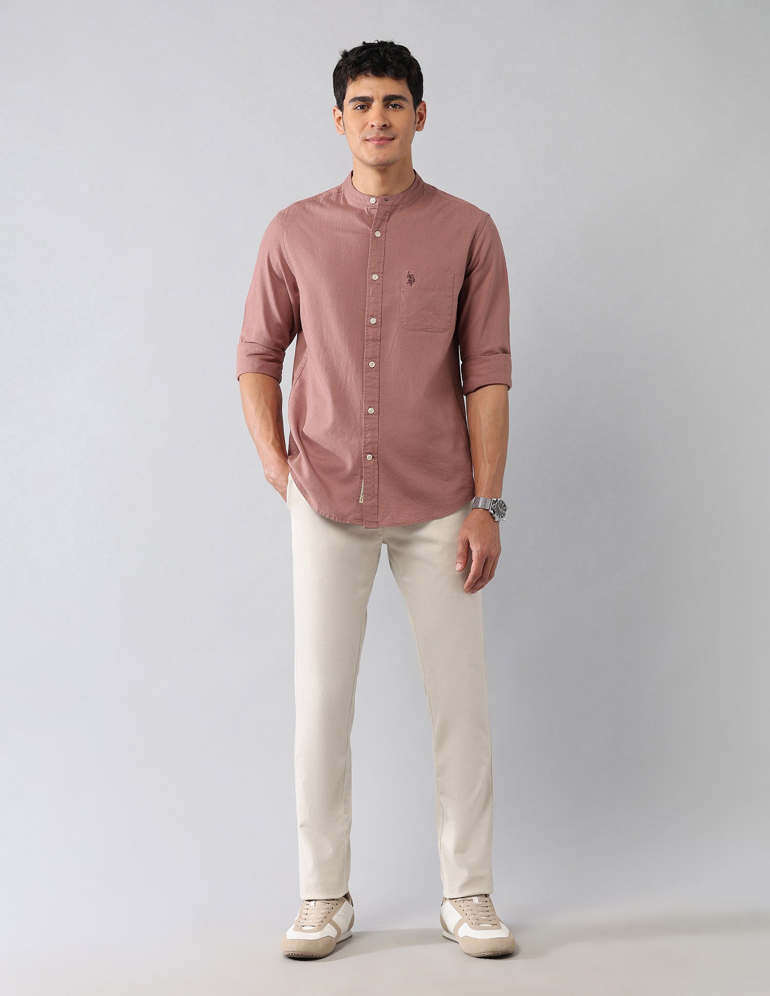 Solid Regular Fit Mandarin Shirt Pink - U.S. Polo Assn. India | Large