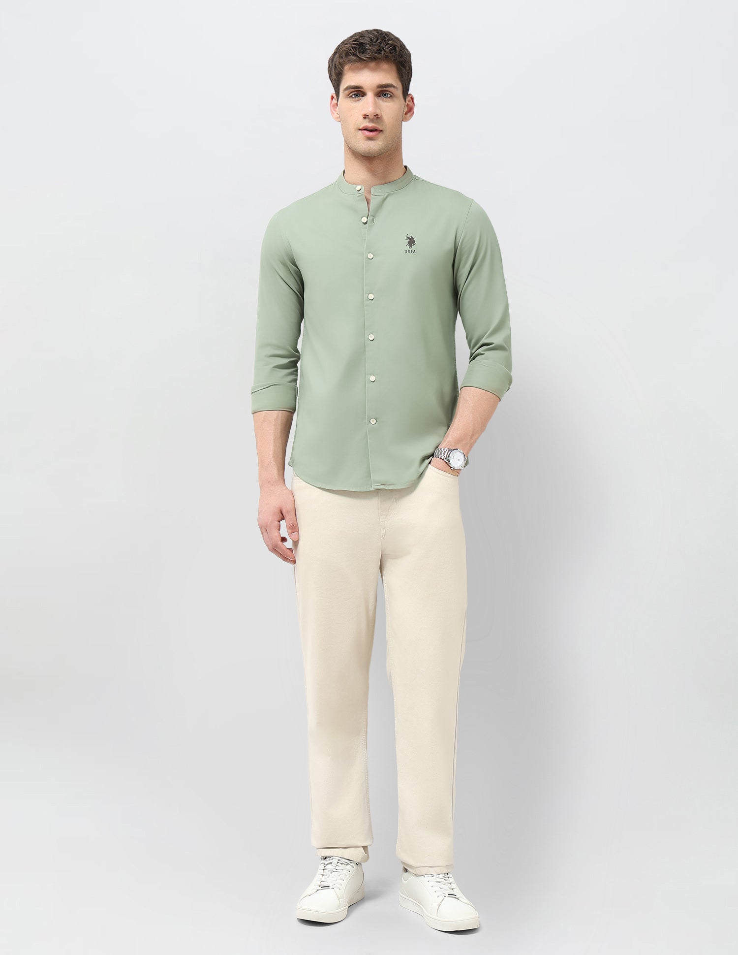 Solid Twill Regular Fit Shirt Light Green - U.S. Polo Assn. India | Large