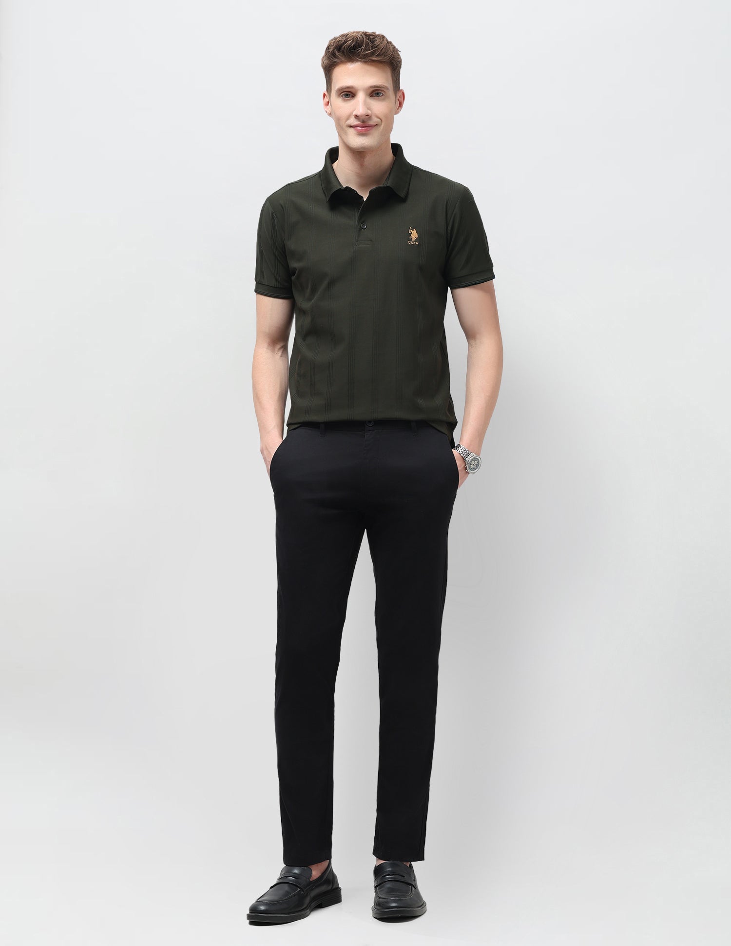 Vertical Striped Slim Fit Polo Shirt Olive - U.S. Polo Assn. India | Large