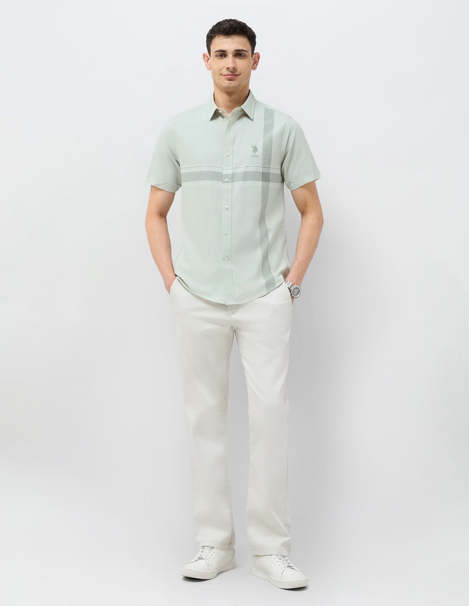 Tailored Fit Vertical Striped Shirt Green - U.S. Polo Assn. India | Large