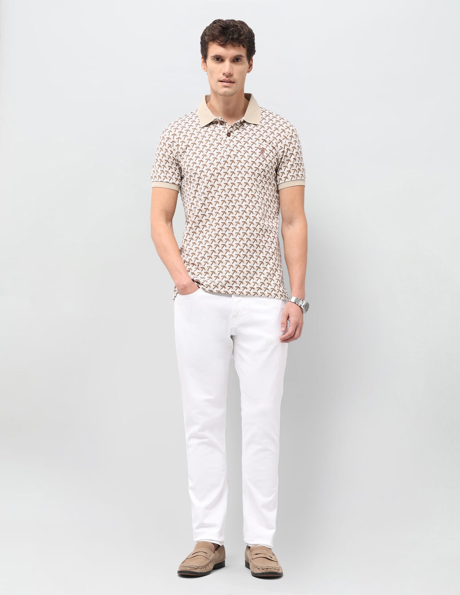 Geometric Printed Slim Fit Polo Shirt Beige - U.S. Polo Assn. India | Large