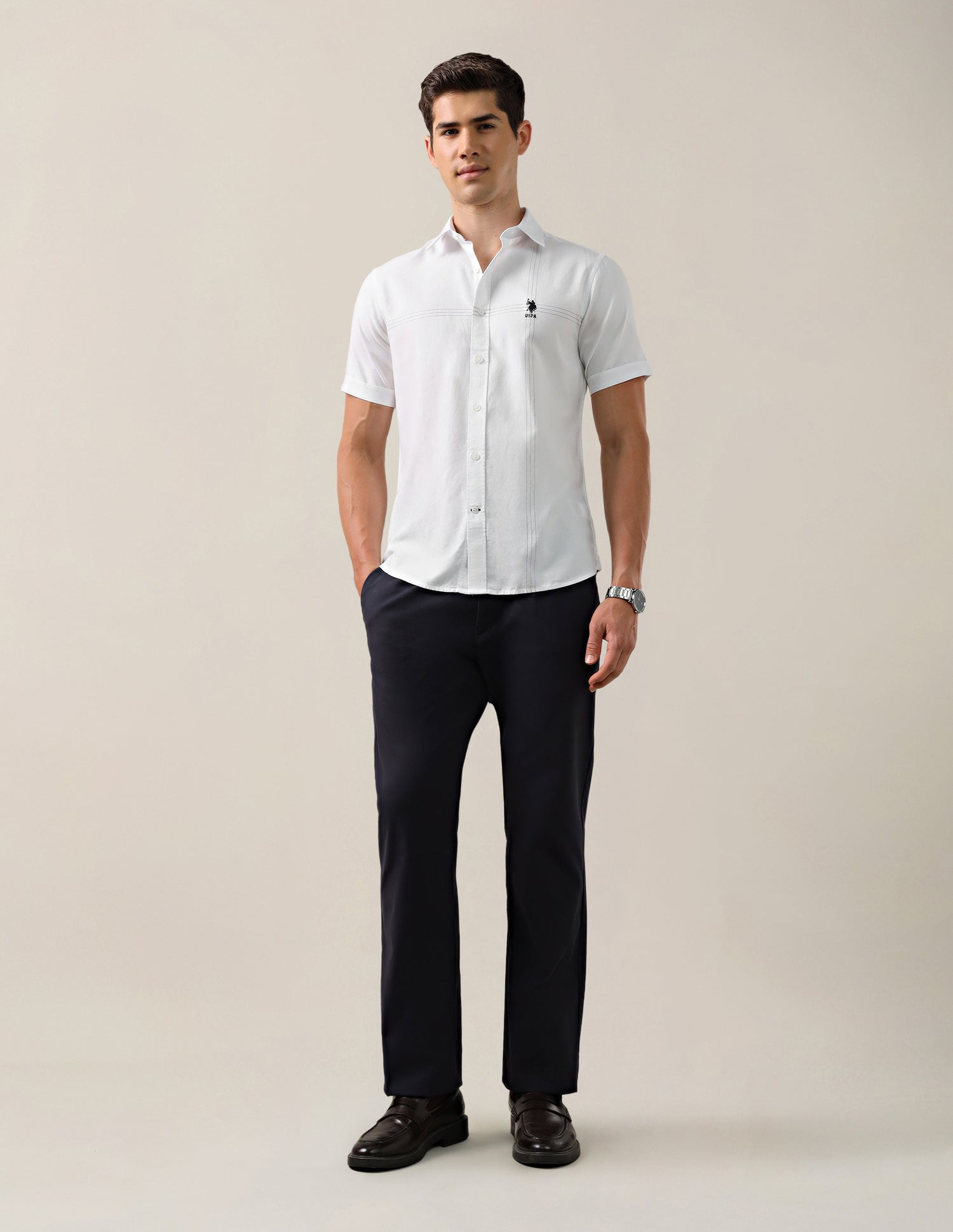 Solid With Stripe Detail Tailored Fit Shirt White - U.S. Polo Assn. India | Large
