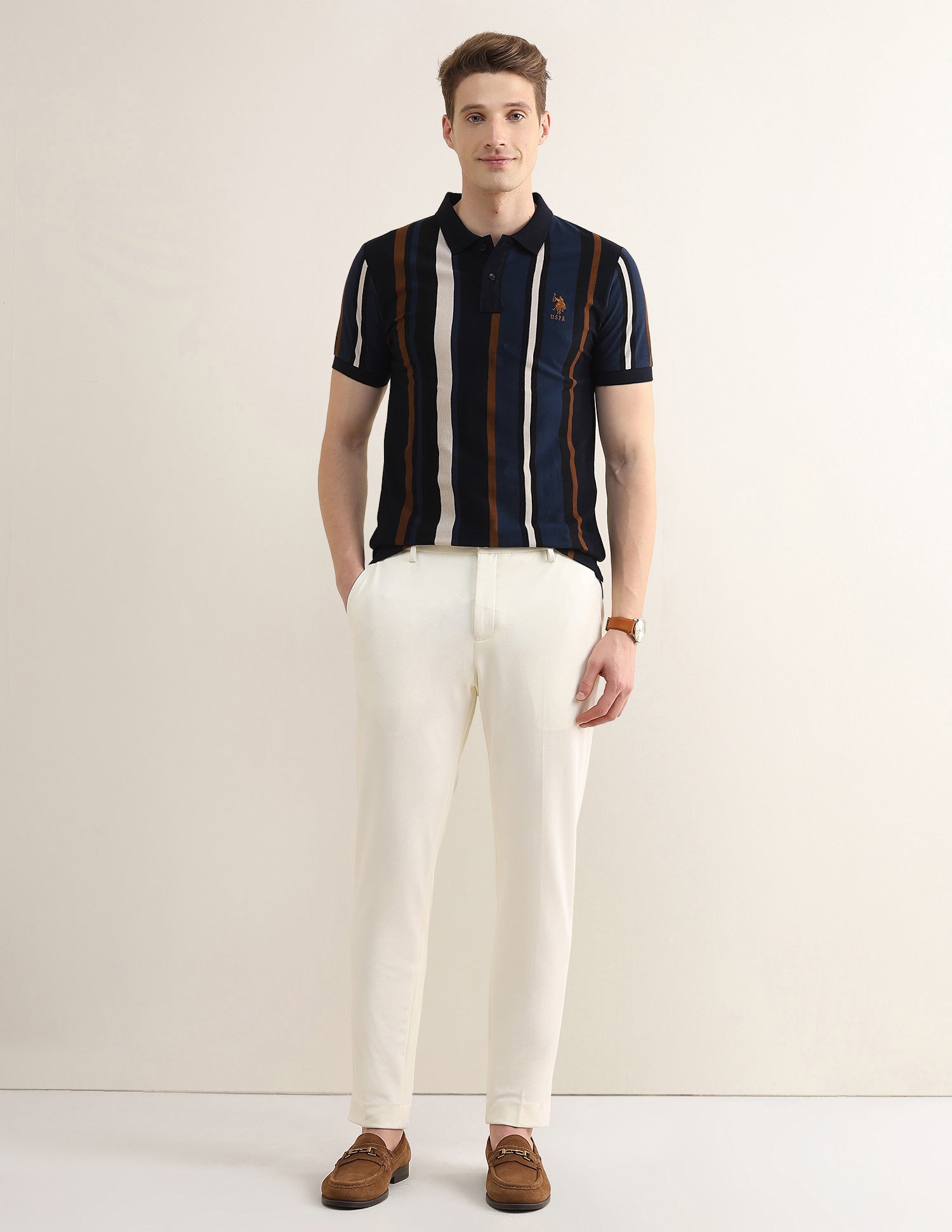 Vertical Striped Colorblocked Slim Fit Polo Shirt Navy - U.S. Polo Assn. India | Large