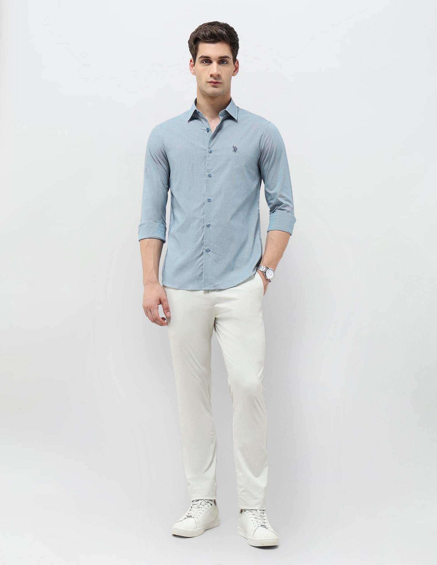 Regular Fit Micro Checked Shirt Teal - U.S. POLO ASSN. | Large