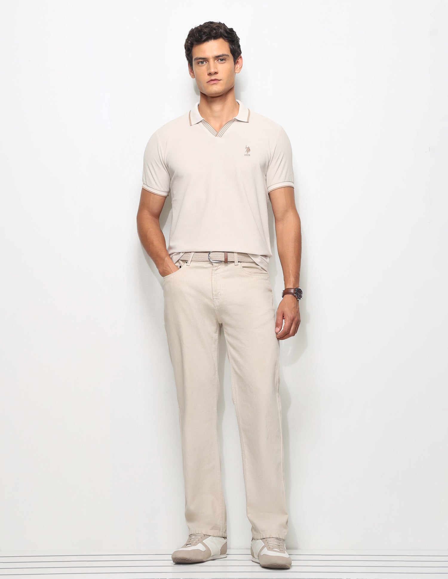 Textured Slim Fit Polo Shirt Beige - U.S. Polo Assn. India | Large