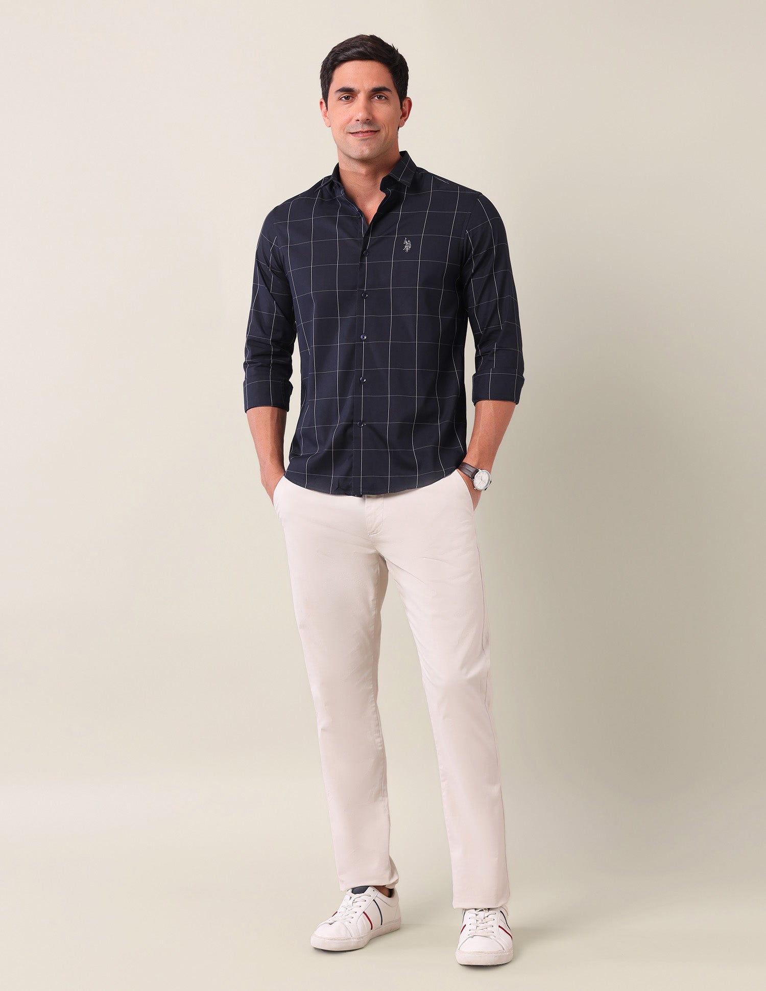 Windowpane Checked Tailored Fit Shirt Navy - U.S. Polo Assn. India | Large