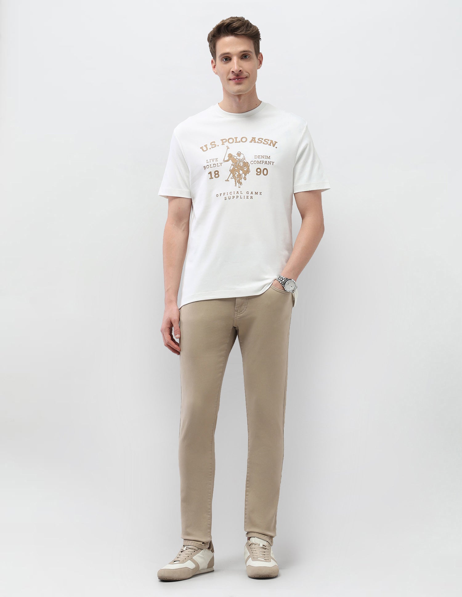 Graphic Brand Printed Slim Fit Black & Gold T-Shirt Ivory - U.S. Polo Assn. India | Large