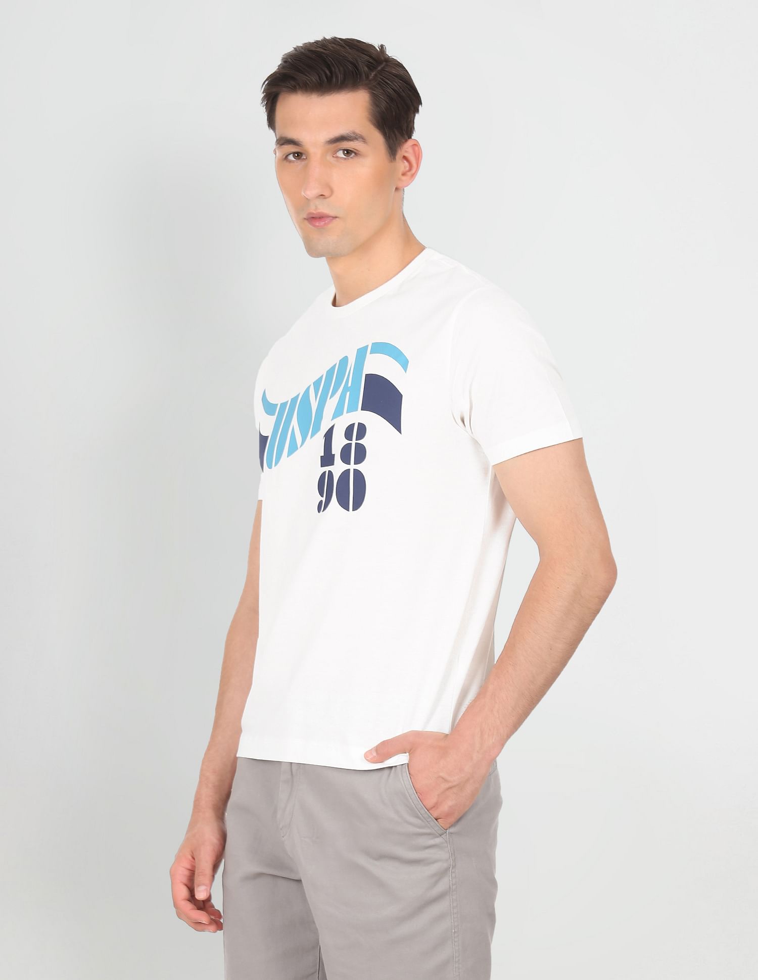 Men White Crew Neck Cotton Brand Print T-Shirt White - U.S. Polo Assn. India | Large