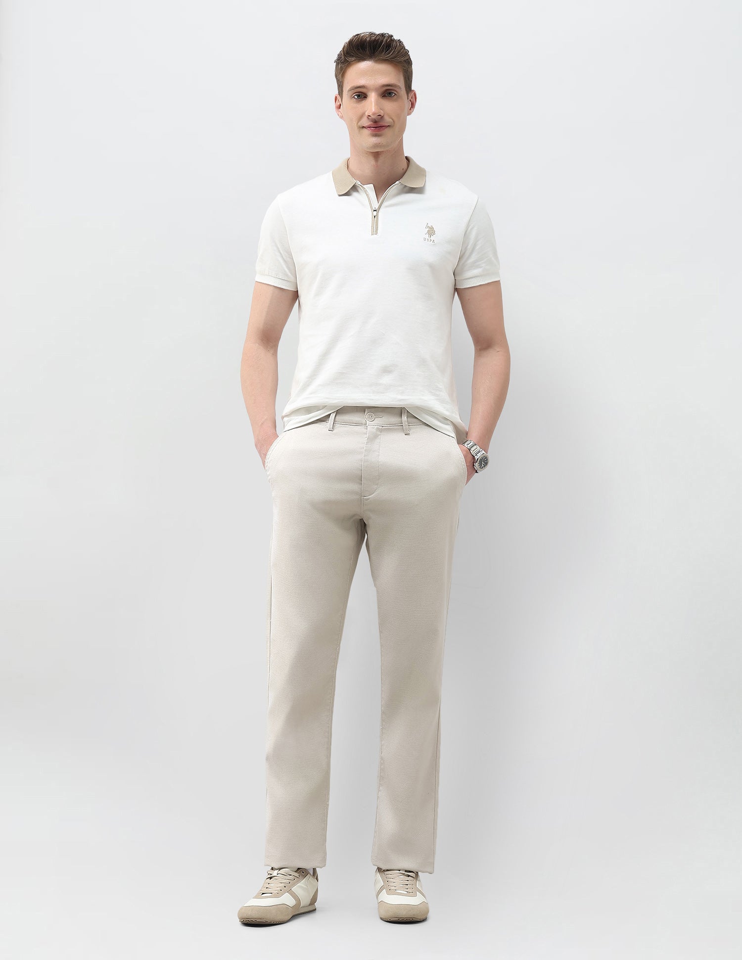Riley Straight Fit Satin Trousers Stone - U.S. Polo Assn. India | Large
