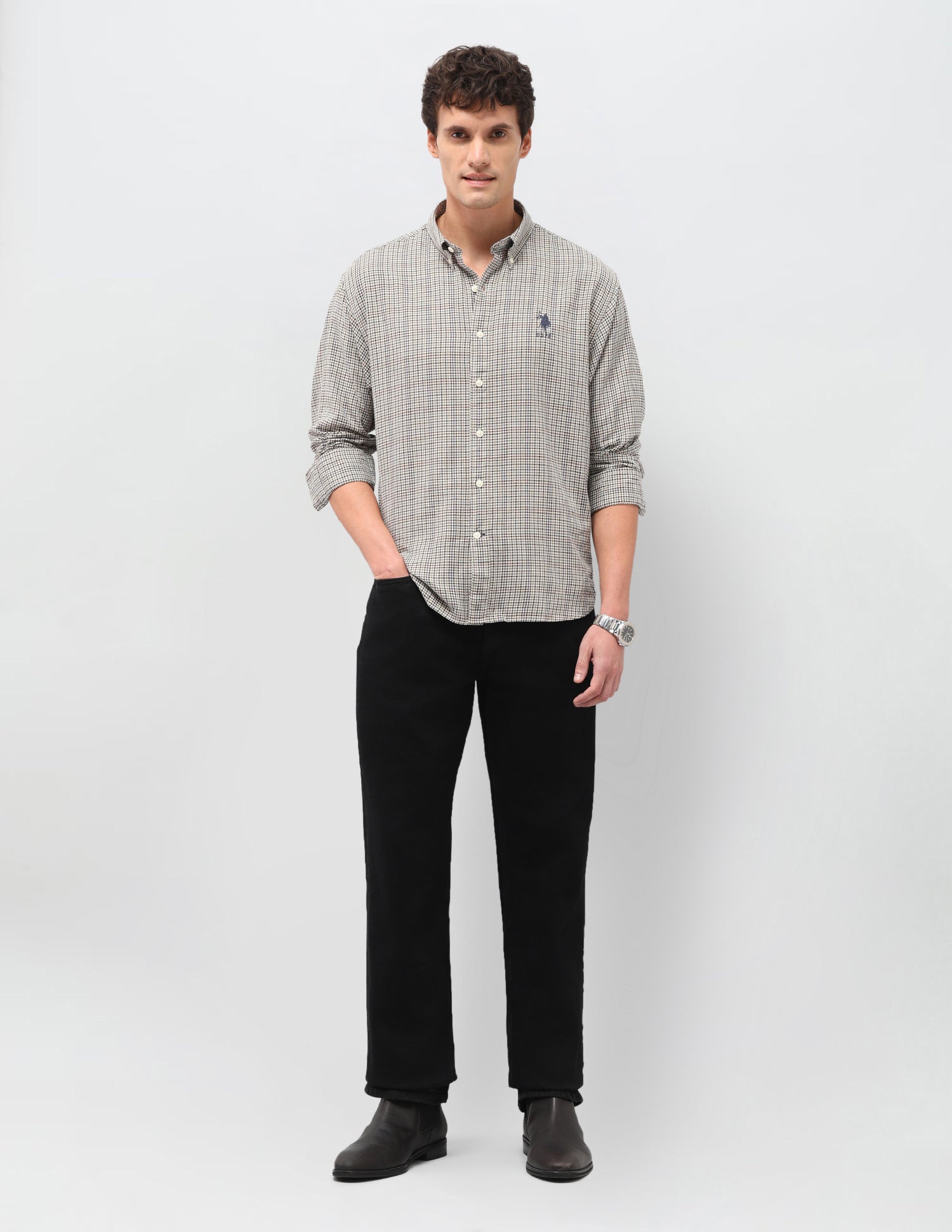 Grid Tattersall Checked Dobby Shirt Beige - U.S. Polo Assn. India | Large
