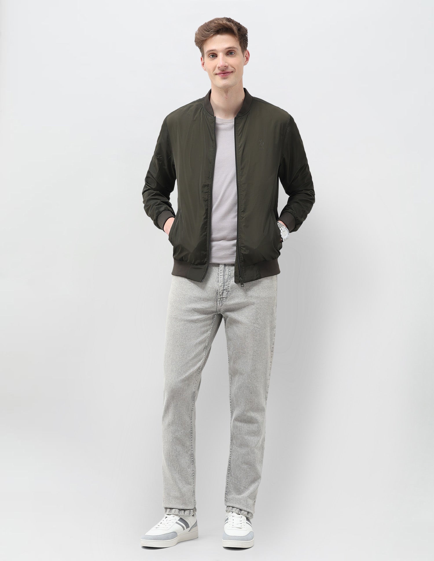 Solid Regular Fit Bomber Jacket Olive - U.S. Polo Assn. India | Large