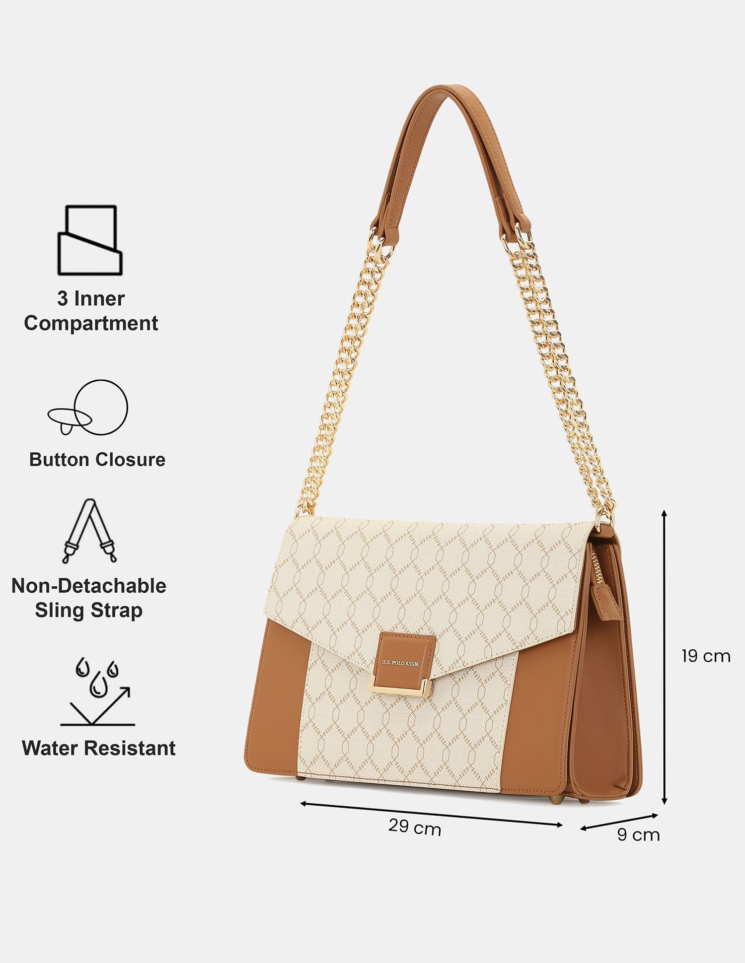 Women Birdy Sling Bag with Monogram Print Beige - U.S. POLO ASSN. | Large