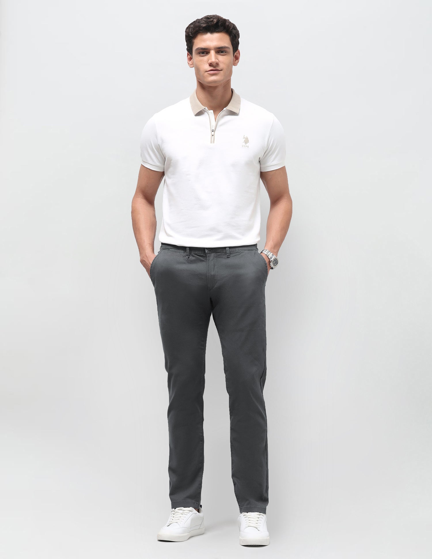 Slim Tapered Fit Twill Trousers Dark Grey - U.S. Polo Assn. India | Large