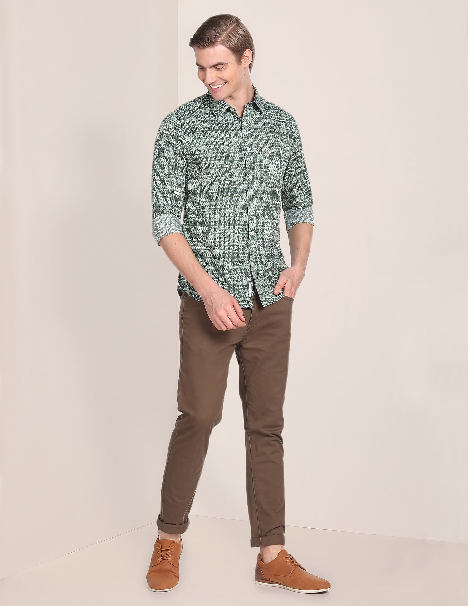 Abstract Print Cotton Twill Shirt Green - U.S. POLO ASSN. | Large