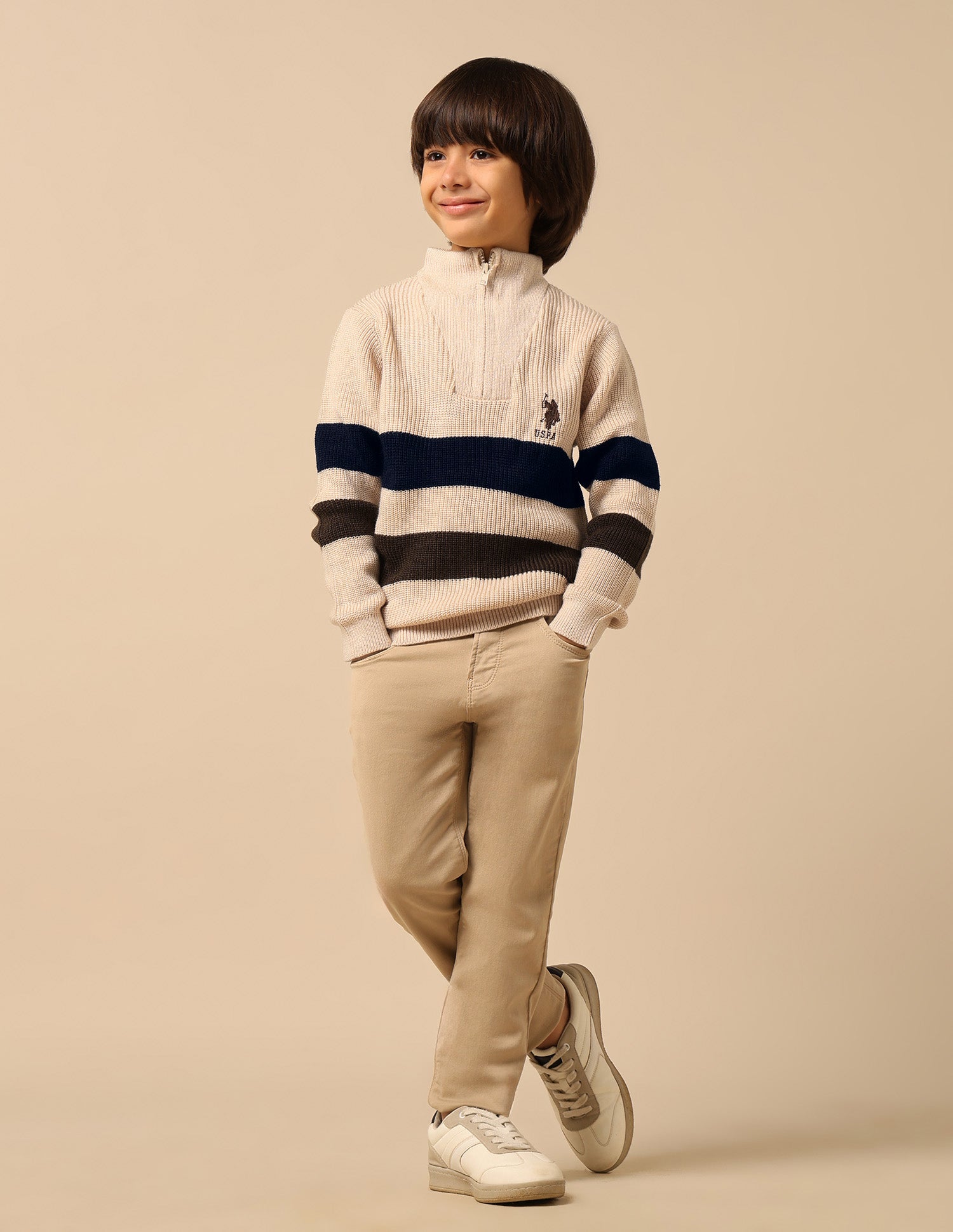 Boys Horizontal Striped Regular Fit Sweater Off White - U.S. Polo Assn. India | Large