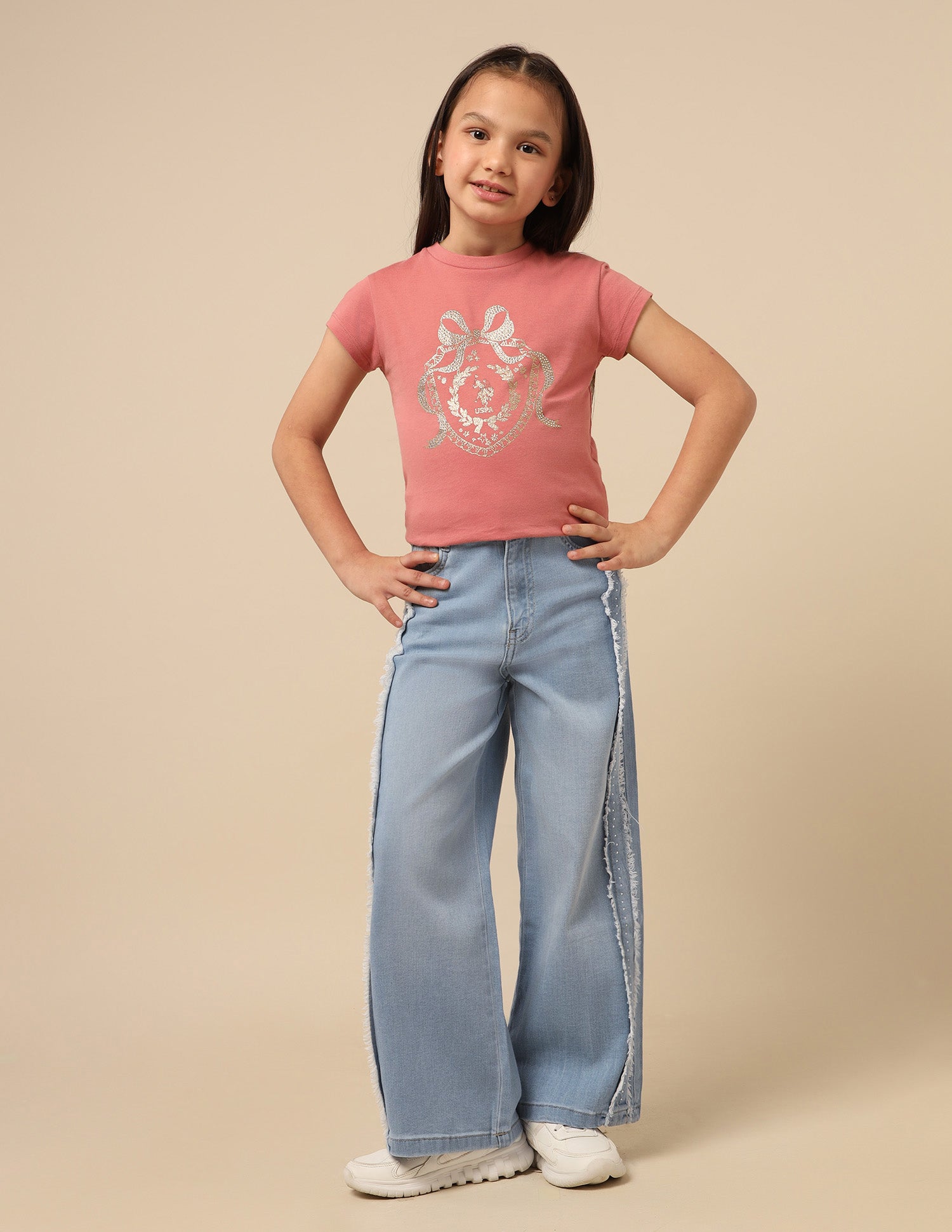 Girls Wide Leg Fit Stone Washed Jeans Light Blue - U.S. POLO ASSN. | Large