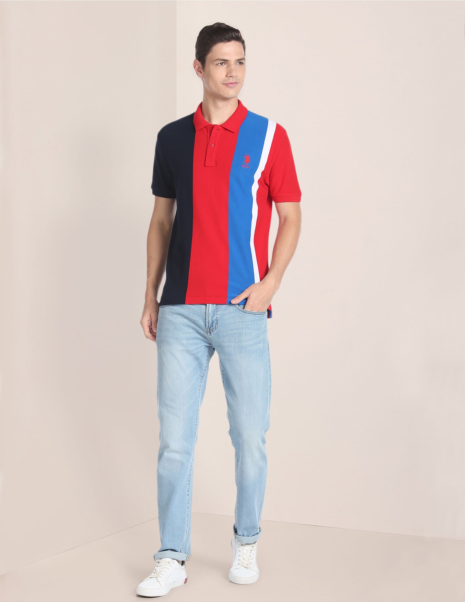 Colour Block Cotton Polo Shirt Red - U.S. Polo Assn. India | Large