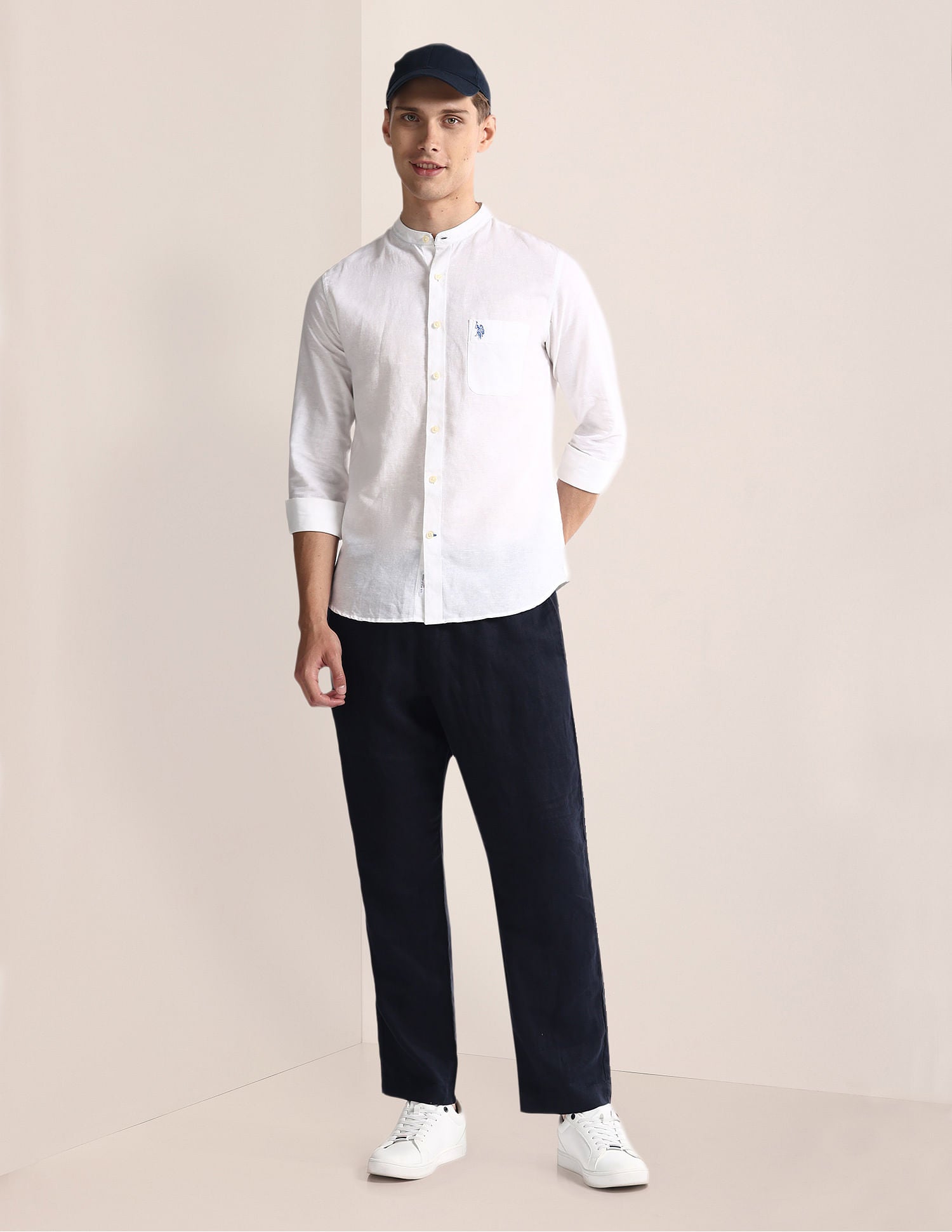 Mandarin Collar Linen Blend Shirt White - U.S. Polo Assn. India | Large